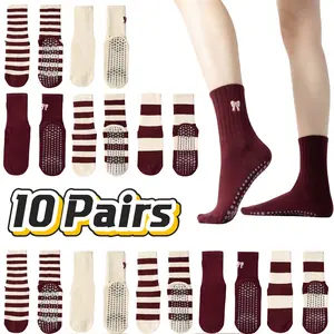 10 Pairs Women' Non-Slip Pilates Yoga Grip Socks Suitable for Fitness, Ballet, Barre Workouts & Dance - Bow-Patterned Ruffled Crew Socks with Striped Sole, Machine Washable - Training Socks for Gym, Dance Studio, Use