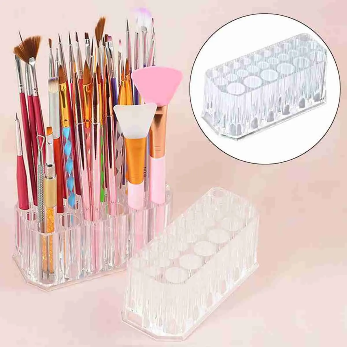 26Holes Professional Nail Art Brush Organizer Desktop Eyeliner Holder Cosmetics Pen Storage Rack Acrylic Makeup Brush Holder Showing Shelf Manicure Tool Accessories Clear Organizer