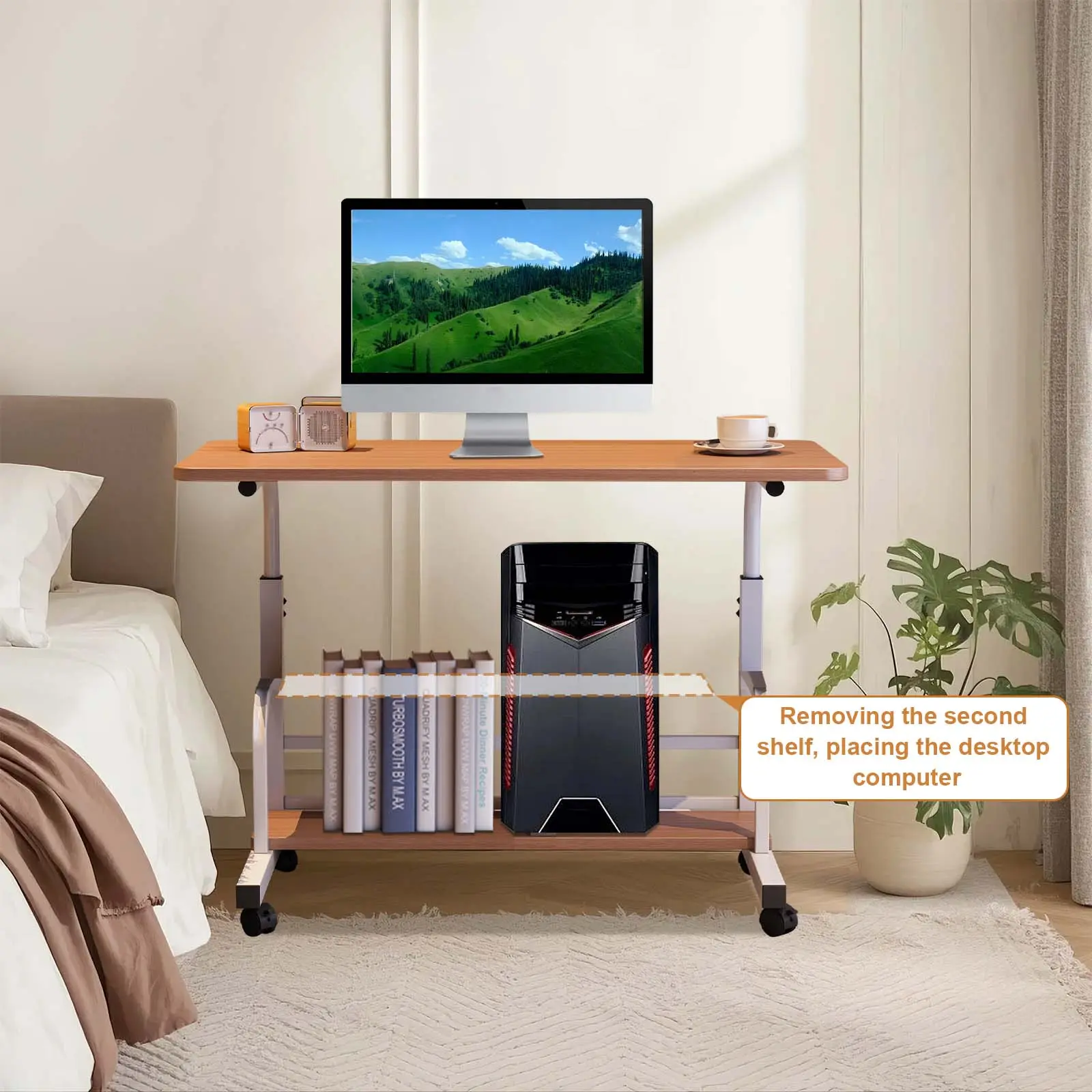 GARVEE Ergonomic Adjustable Height Rolling Laptop Desk – Mobile Overbed Computer Table with Storage Shelves, Compact Space-Saving Workstation for Home Office, Bed, Sofa, or Small Spaces (White/Walnut, Multiple Sizes)