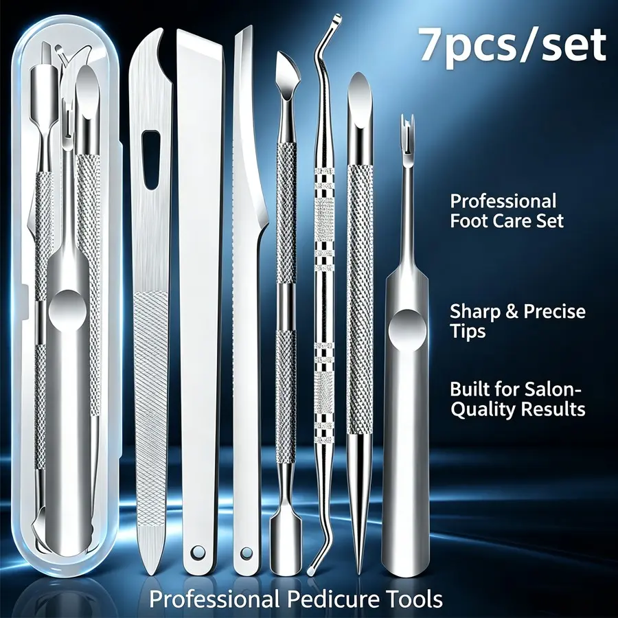 7-Piece Stainless Steel Pedicure Kit, Multi-Functional Foot Care Tools, Scrapers & Cuticle Removers, Soften Heel Skin Daily