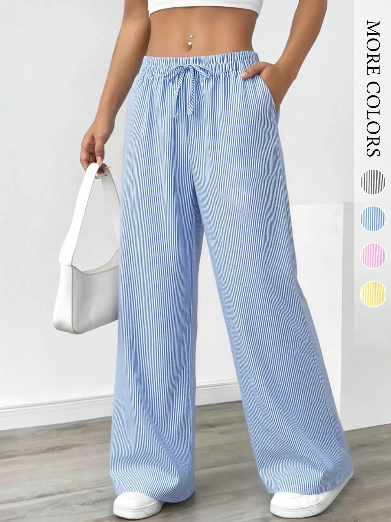 Women Striped Loose Wide Leg Casual Elastic Waisted Pants with Pockets Trousers Elastic Waist Drawstring Casual Lounge Bottoms for Daily Wear Travel All Season Wear