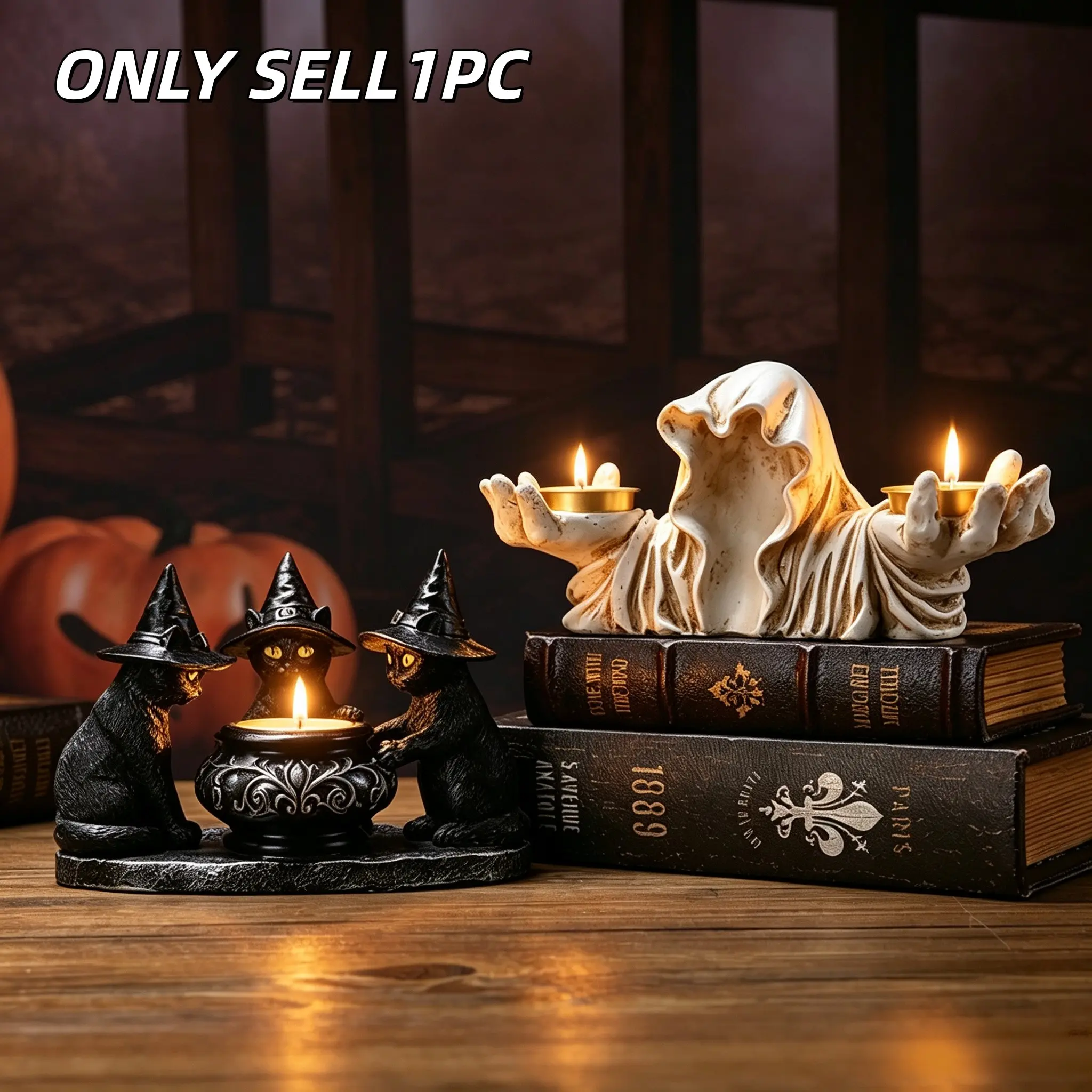 1PC Halloween Candlestick, Faceless Ghost & Witch Black Cat Tealight Holder, Gothic Tabletop Home Decor, Ornament Candle Holders