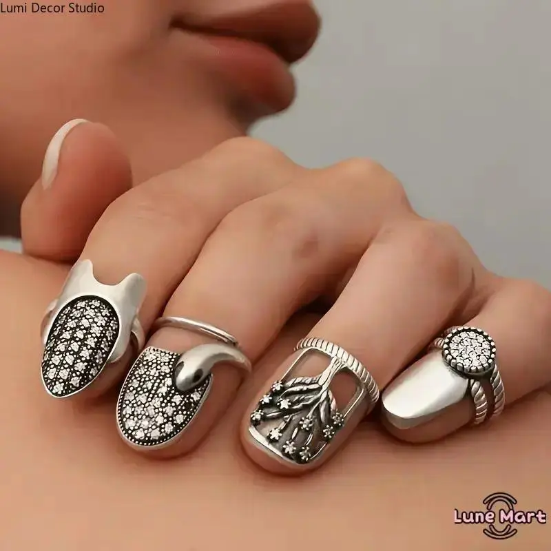 Women's 4-Piece Alloy Metal Geometric Shapes Nail Ring Set - Adjustable Fit, 6g Per Ring, Stackable, Classic Bohemian Vintage, Casual Daily Wear, Birthday Parties Open Finger Jewelry, Rings