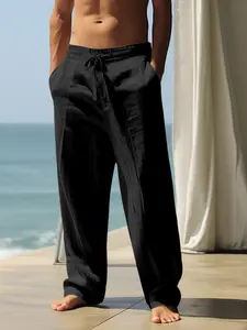 Men's Solid Color Linen Fabric Casual Loose Long Pants, Comfortable Breathable All-Season Wear, Perfect for Outdoor Sports & Beach Vacations
