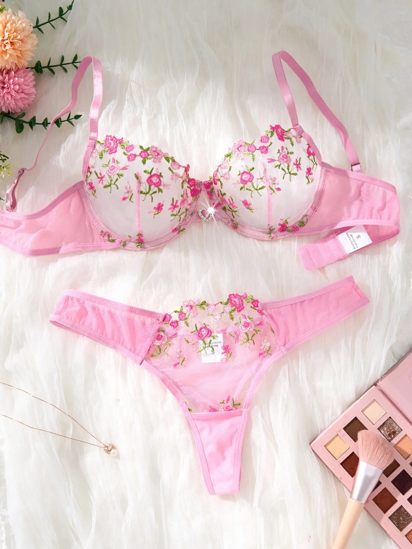 Floral Embroidered Mesh Bra Set, Spring Pure Desire Push-Up Bra, Soft Steel Ring Lift, Breathable Non-Heavy, Sweet Date, Underwear Women, Underwear Sets