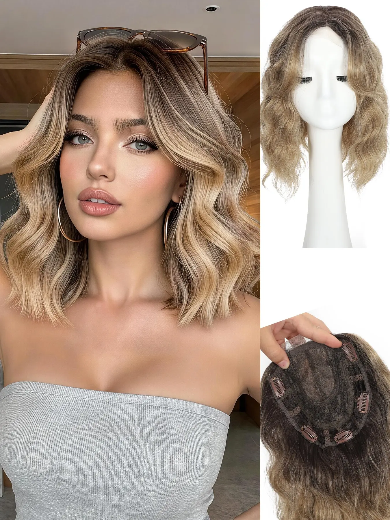 12 Inch Short Wavy Ombre Blonde Curly Wave Synthetic Hair Topper, Breathable Lightweight Base, Natural Fluffy Volume, Scalp Coverage