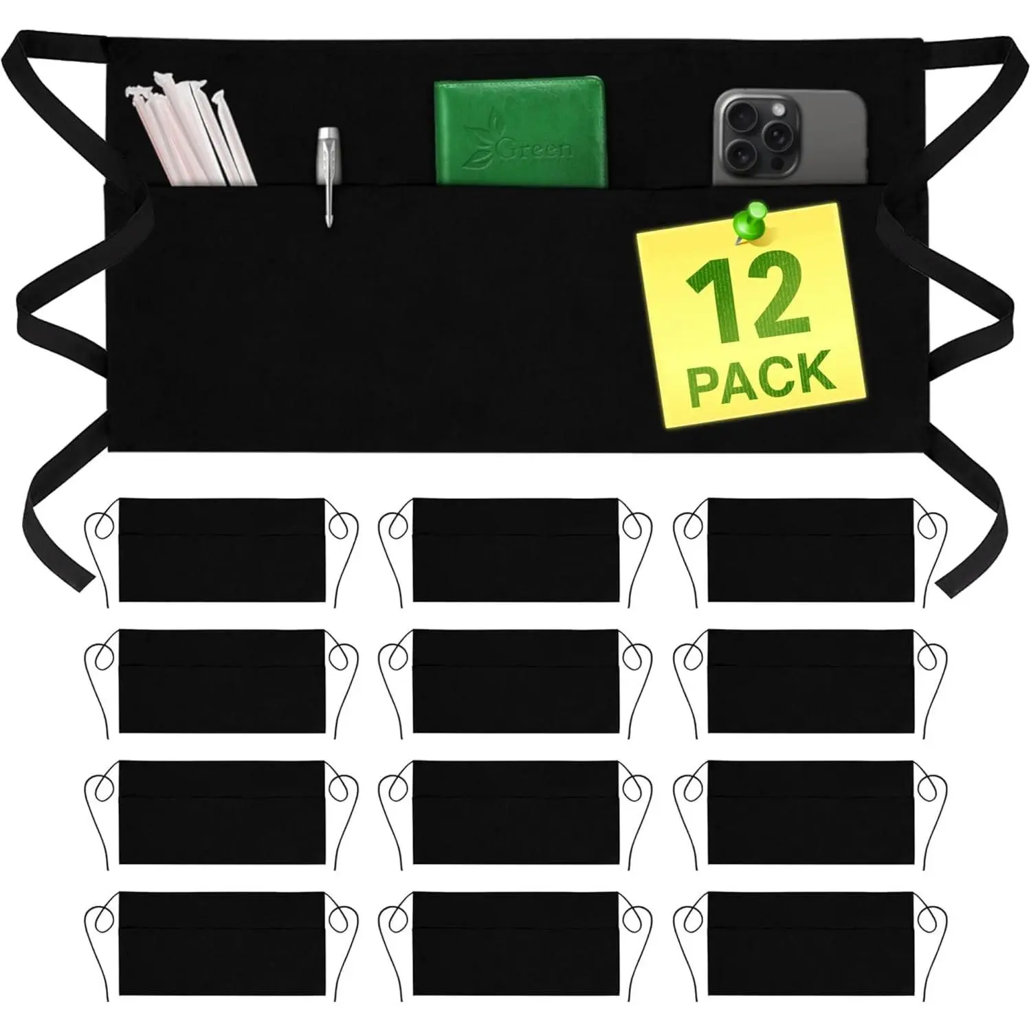 Server Aprons with 3 Pockets - Waist Apron, Waitress Apron for Women and Man, Water Resistant with Long Waist Strap Reinforced Seams, Half Apron (12 Pack - Black)