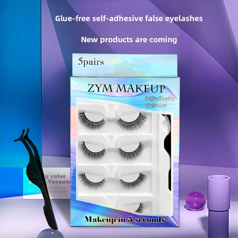 1/5 Pairs Glue-Free Self Adhesive False Eyelashes Natural Wispy Strip Lashes Pre-Gel Strips No Lash Glue Needed Reusable Easy Application Eyelashes for Beginners Daily Makeup, Fluffy, Tweezer, Cosmetic, Compact, Synthetic, Hypoallergenic