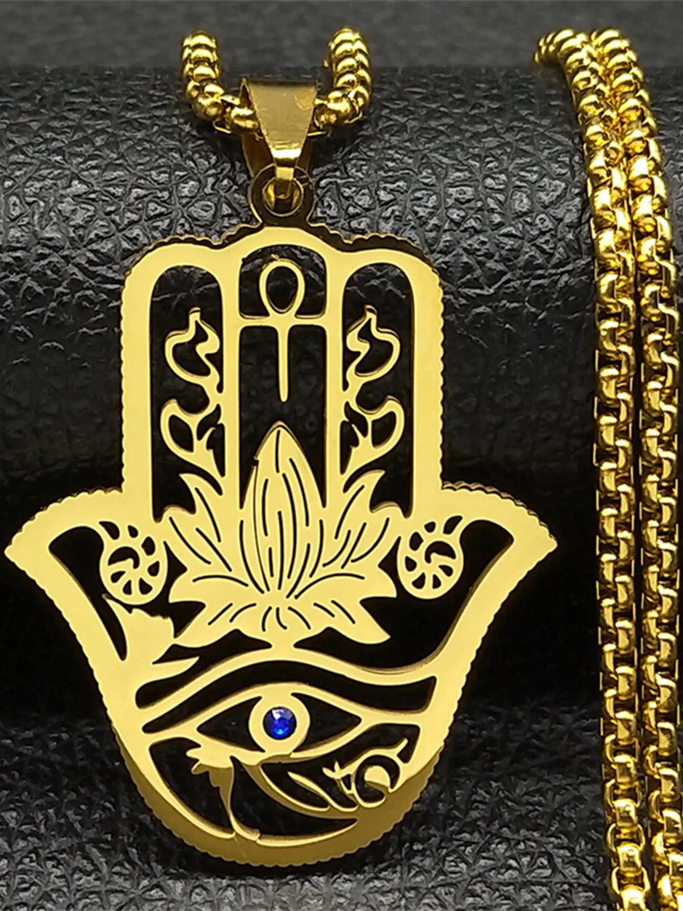 Hamsa Hand Ankh Lotus Necklace for Women Men Stainless Steel Silver Color Egypt Eye of Horus Necklaces