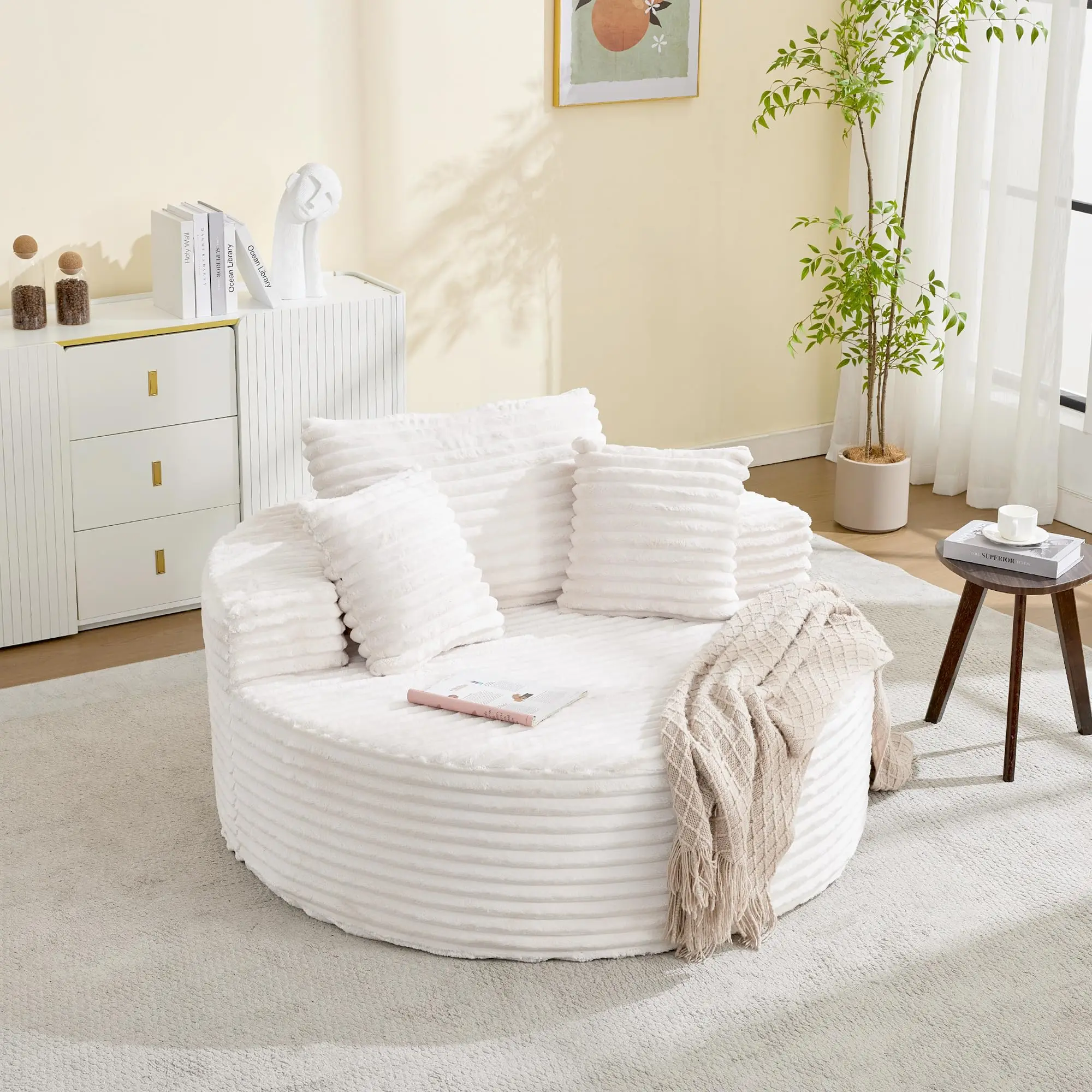 Garvee Oversized 54.7-inch Corduroy Chaise Lounge Chair with Deep Seat and 4 Pillows, Modern Boneless Cloud Couch for Living Room, Bedroom, Apartment, No Assembly Required, Beige