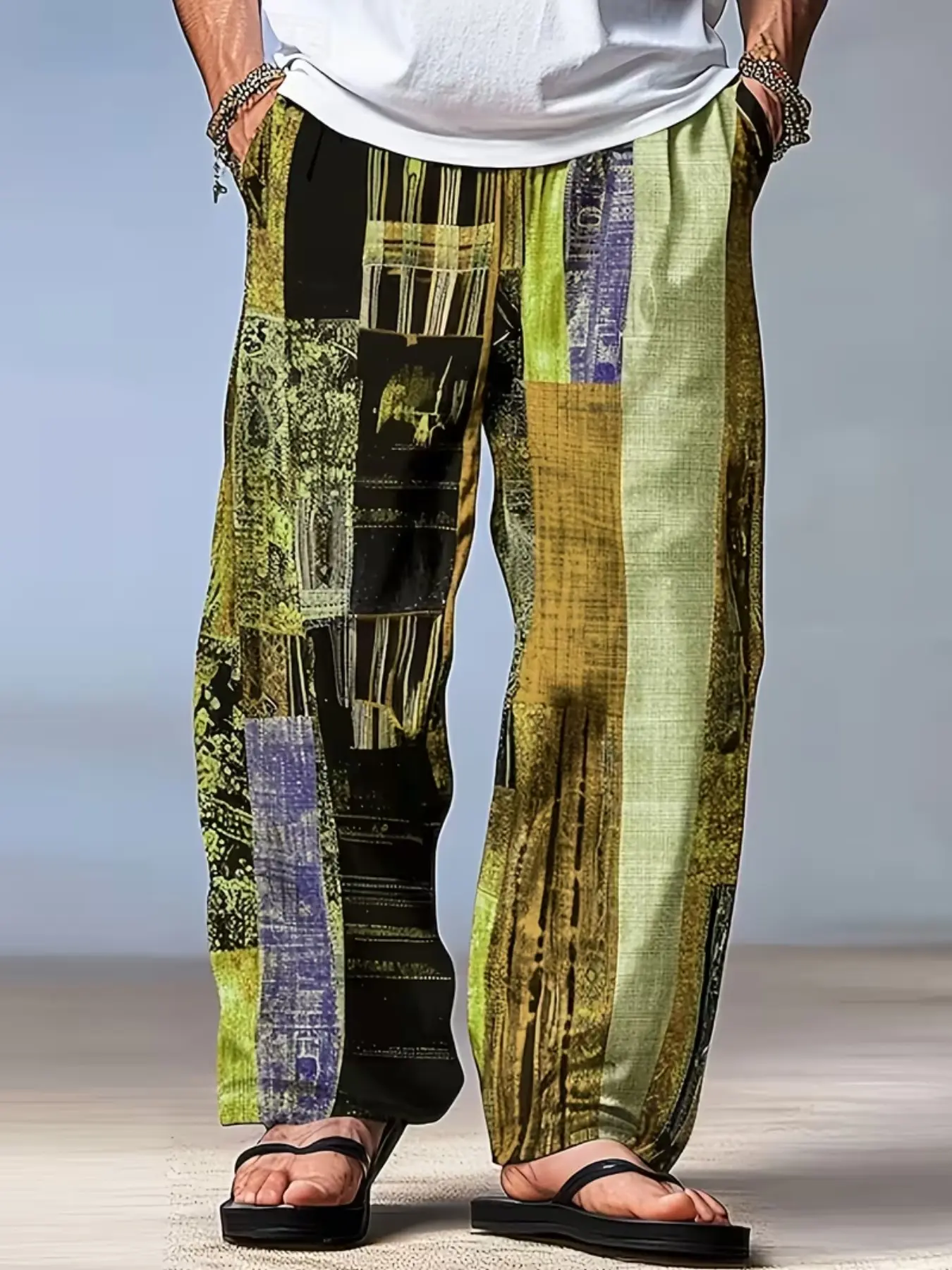 Men's Vintage Patchwork Art Print Wide Leg Pants, Elastic Drawstring Waist, Loose Straight Fit, Streetwear Ethnic Style, Vacation Drop-Shoulder Sportswear, Casual Wear Bottoms