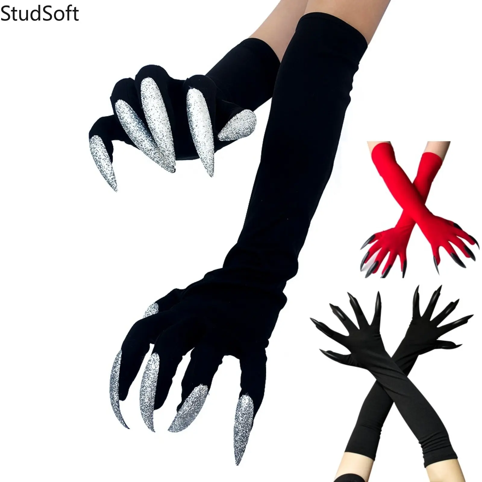 Halloween Witch Gloves: Long Costume Nails Ghost Claws for Women Girls Glitter Monster Cosplay Over Elbow Gloves Vampire Party Costume Accessory 1Pair