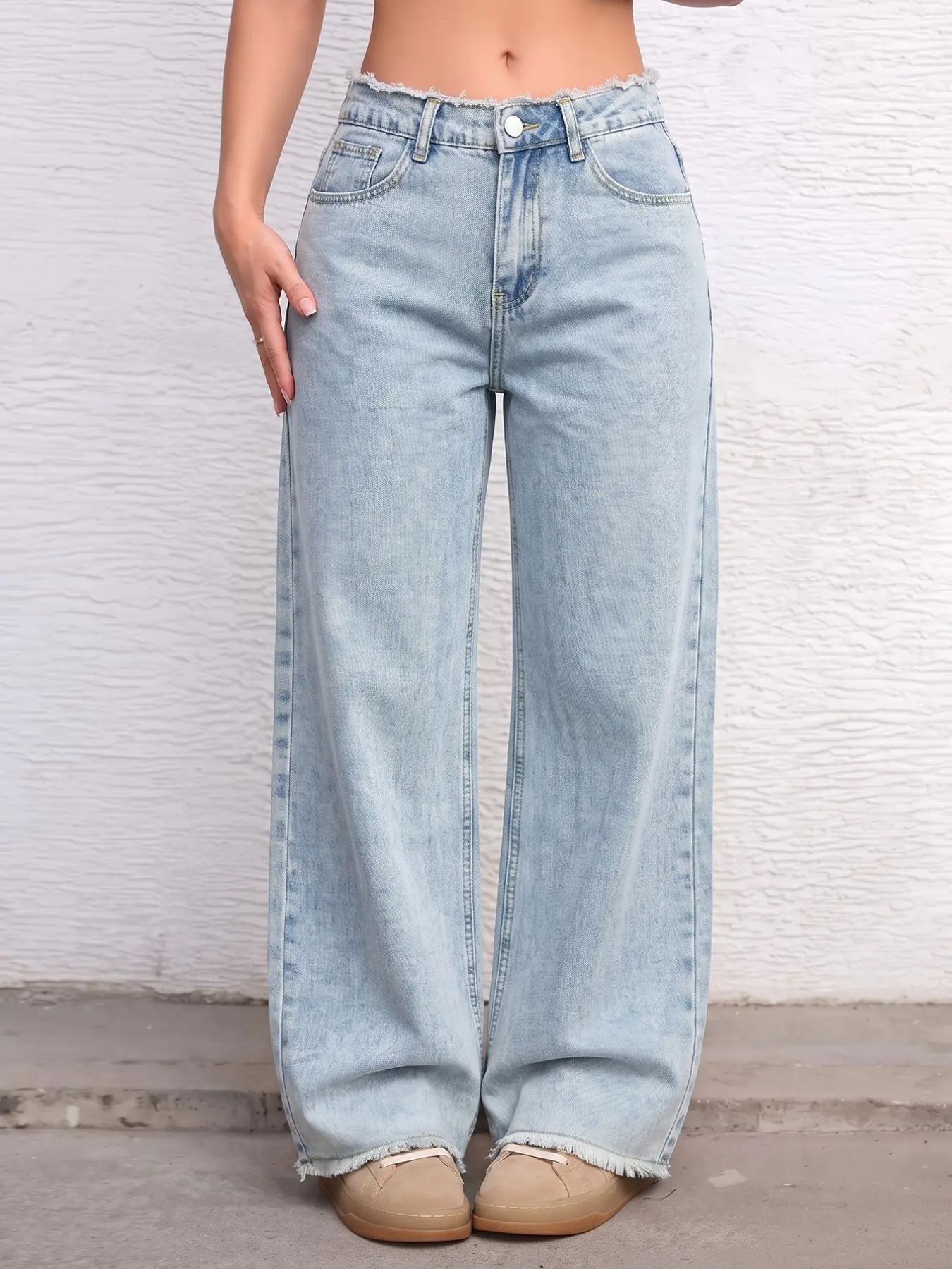 Chic Light Blue Acid Wash Wide Leg Denim Jeans, Frayed Edge Design, Pocket Detail, Casual Loose Fit, All Season Wear, Trendy and Versatile