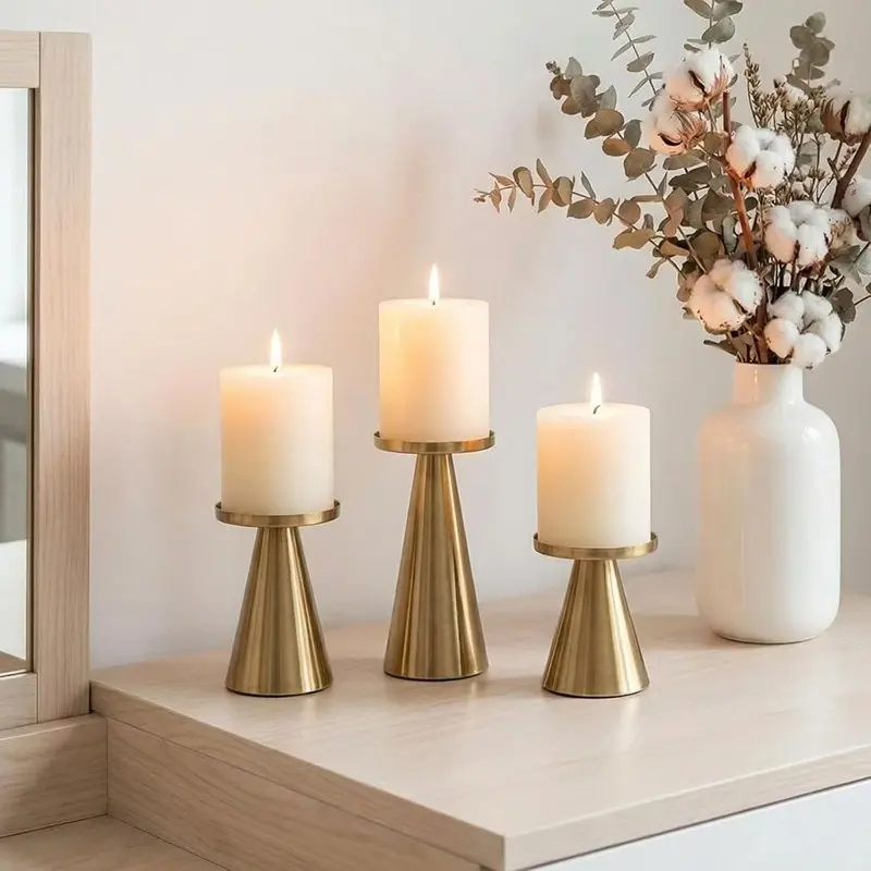 3-Piece Luxury Conical Metal Candle Holder Set, Elegant Design, Durable Structure, Table Decor, Wedding, Holiday Home Decoration, Tea Light Candle Holders