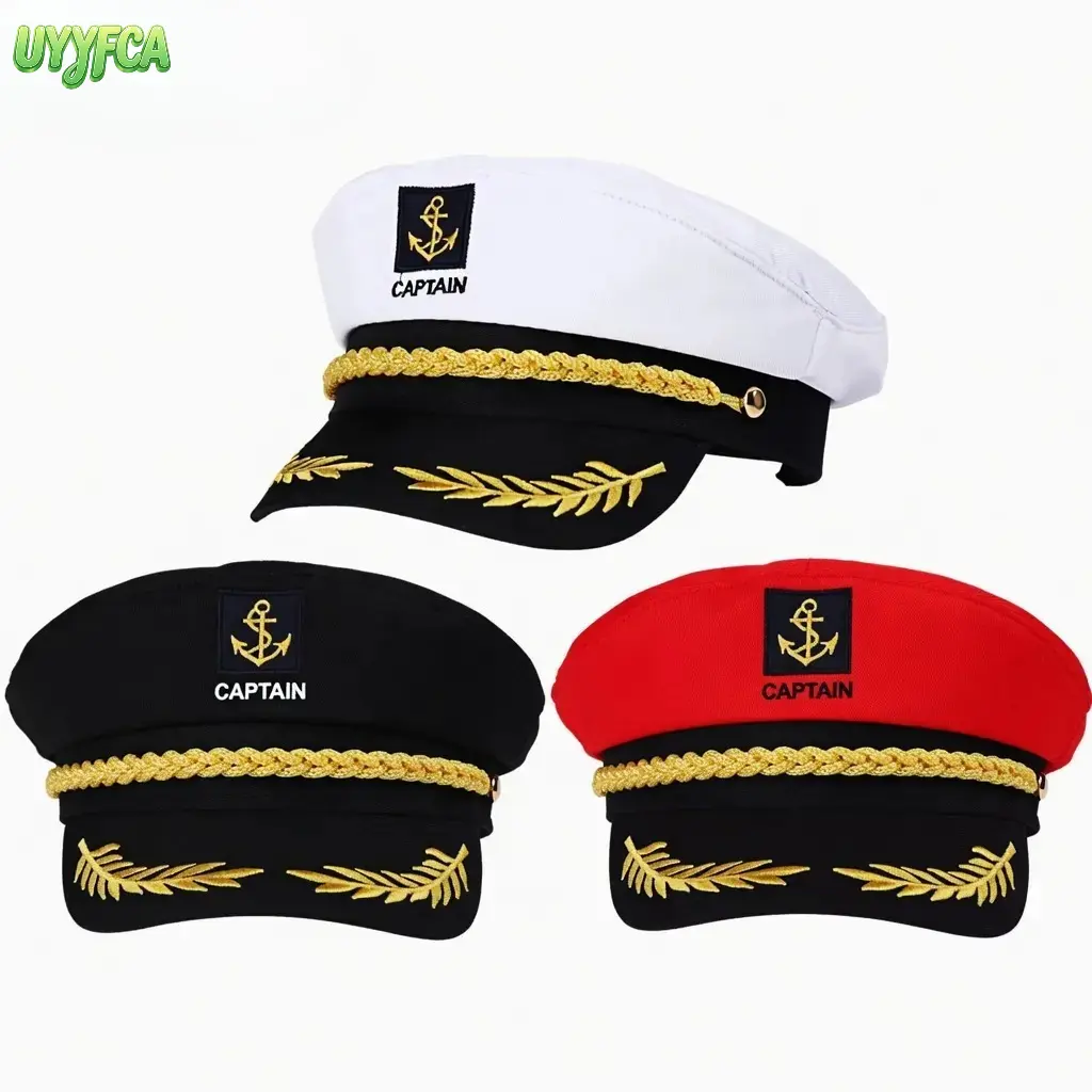 Adult Yacht Boat Sailor Captain Costume Hat Cap White Navy Yacht Admiral Costume Cap with Anchor Embroidery, Gold Trim and Leaf Accents, Durable Fabric Comfortable Fit,Ideal for Theme Parties, Cosplay,Yacht Events and Nautical-Themed Occasions Summervibes