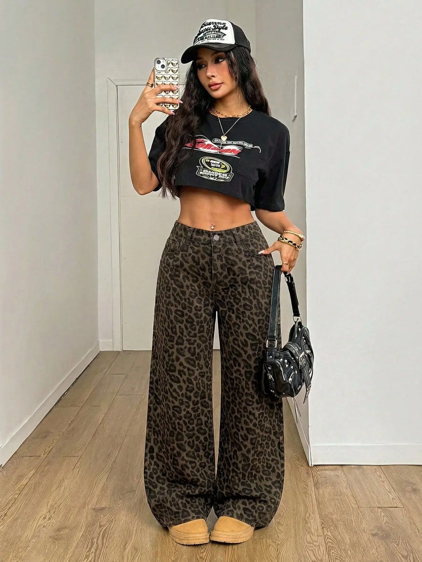 Vintage Leopard Print Wide Leg Baggy Jeans, High Waist Loose Fit Oversized, Y2K Street Style, Casual Long Pants, Trendy Fashion for Women