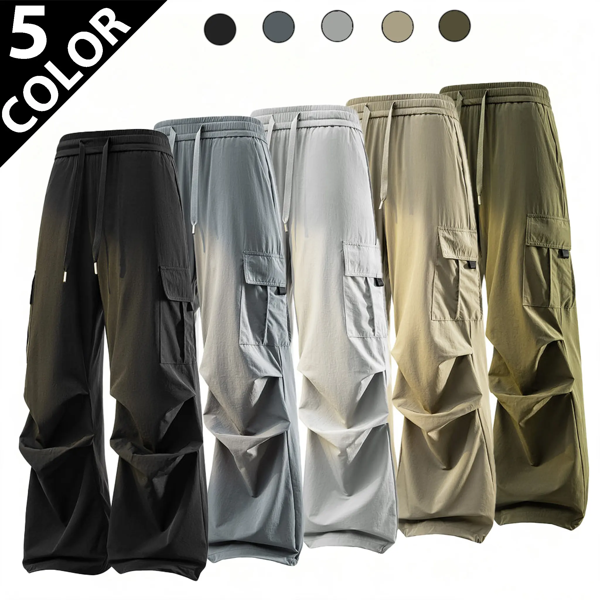 Men's Military Green Ice Silk Polyester Fiber Cargo Pants - 2026 Stylish Water-Resistant Plain Tapered Cut Parachute Joggers, All Seasons Plus Size Menswear for Outdoor Hiking & Daily Street Wear