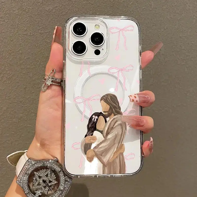 Trendy Magnetic Case for iPhone 11 12 13 14 15 16 Plus 17 Promax & Samsung Galaxy S26 Ultra S25 S24 Plus S23 FE S22 S21 Jesus Hug in Pink Ultra Slim, MagSafe Support, Shockproof,Playful & Fun Style, Phone Accessory, Protective Cellphone Cover, Shockproof,