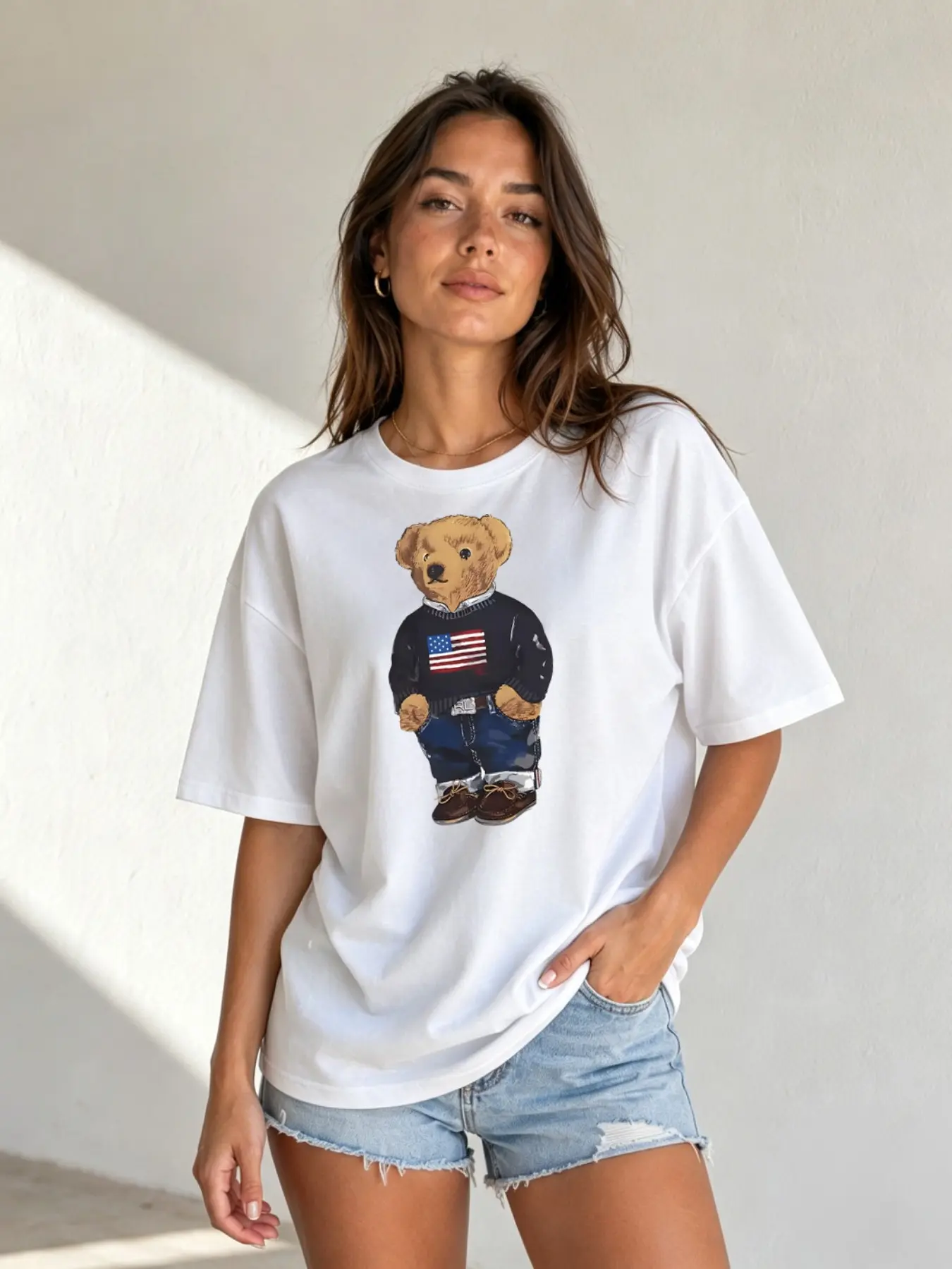Doll Bear Fashion Print T-Shirt, Summer Fun Round Neck Drop Shoulder Tee, Urban Casual Style Women's Loose Fitted Top, All Seasons Minimalist Design