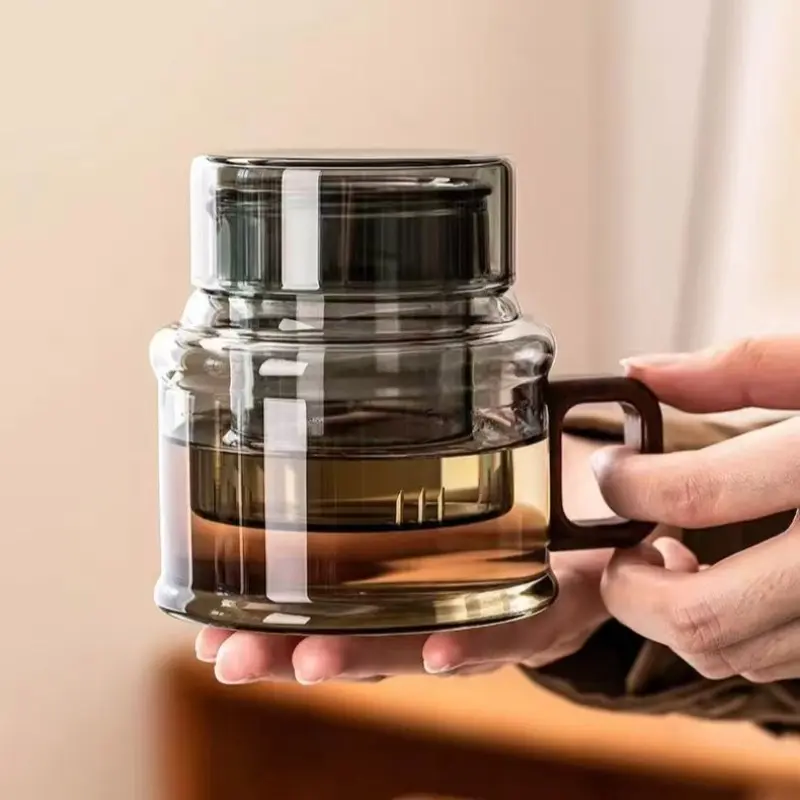 Mini Thickened Borosilicate Glass Teapot, 3-Piece Smoke Gray Set with Tea Infuser & Lid, Thermal Shock Resistant Anti-scald Wooden Handle, Lead Free Dishwasher Safe Tea Water Separation, Perfect for Home Office Kitchen Use, Kitchenware