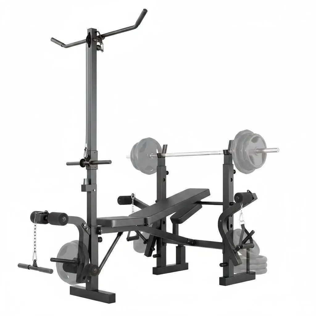 7-in-1 Adjustable Weight Bench Press Set - Compact Multi-Functional Metal Frame Home Gym Strength Conditioning Equipment, Adjustable Fitness Tool with Squat Rack, Leg Extension, Preacher Curly, Lat Pulldown for Weight Lifting (Black)