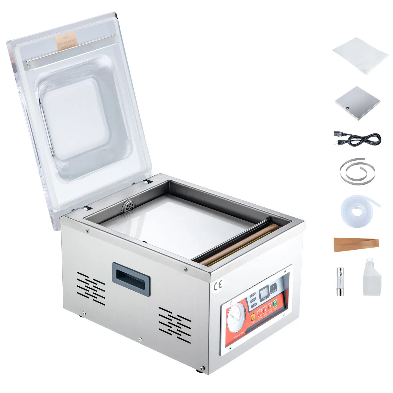Chamber Vacuum Sealer, Sealing Power, 180W Power, 950W (+5%/-10%) Maximum Power, Stainless Steel 201(Outer Shell & Chamber) + Acrylic(Cover) Construction, Dual Lock Seal