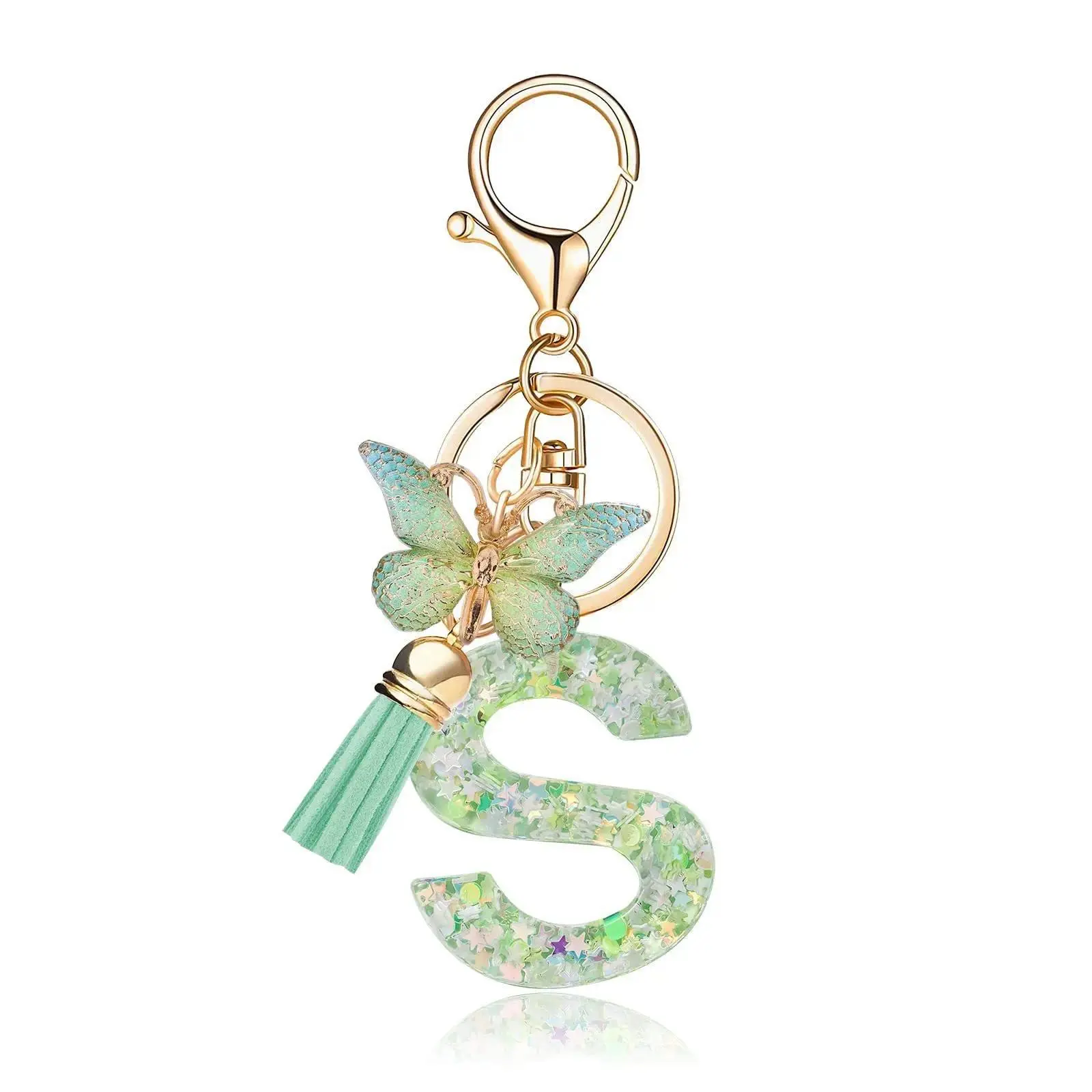 26 Alphabet Resin Keychain, Creative Green Butterfly Epoxy Bag Charm. Stylish personalized pendant, lovely decorative accessory for keys and handbags, perfect thoughtful gift choice for best friends and female companions.