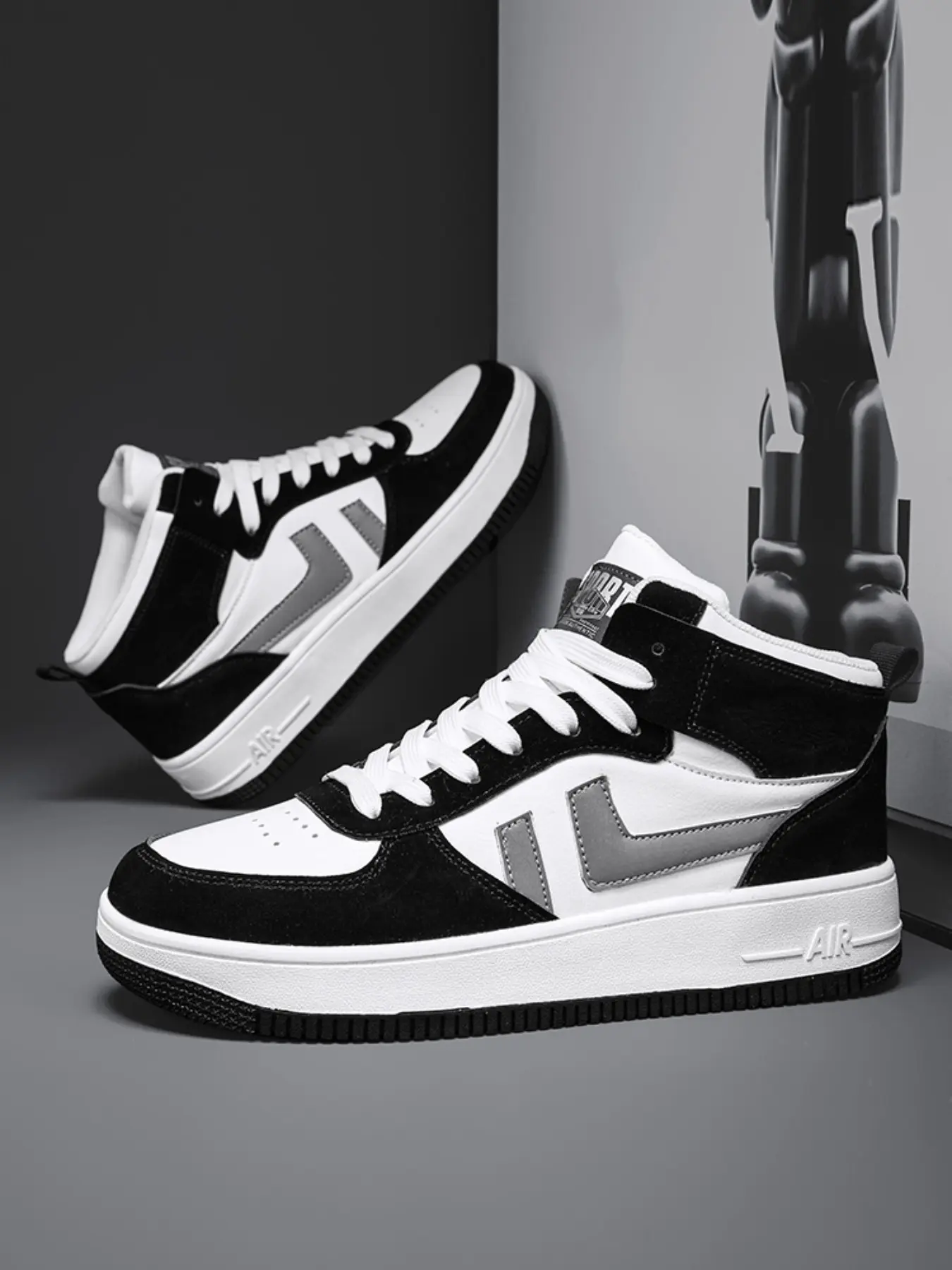 Men's High Top Sport Casual Shoes, Colorblock Dad Shoes, Flat Sole Large Size, PU Leather Upper, Comfortable and Stylish Footwear for Daily Wear