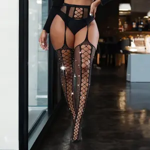 Rhinestone Lace Open Crotch Fishnet Fall Winter Base Layer Pantyhose