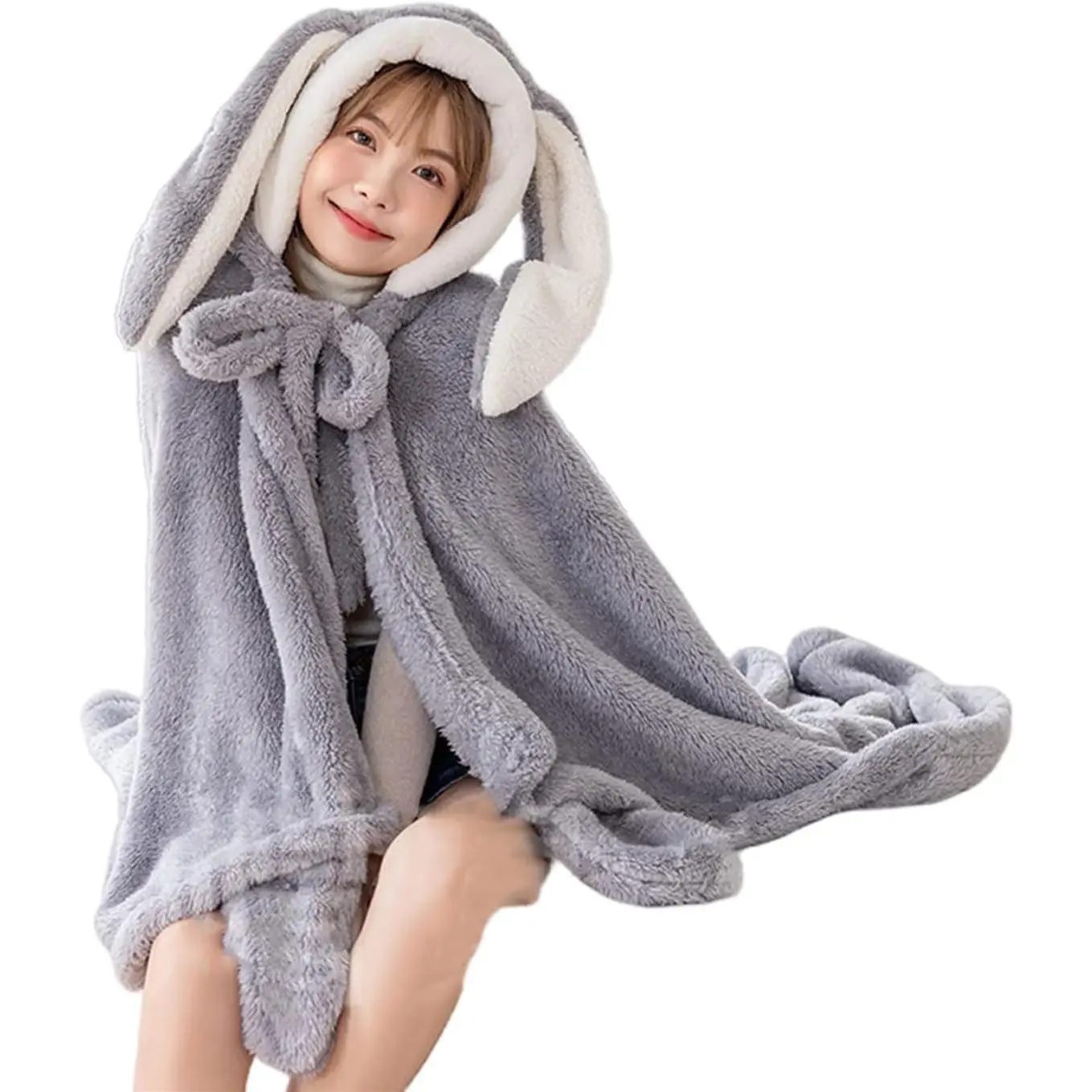 Cute Bunny Ear Wearable Throw Blanket with Hand Gloves for Women Girls 59inch Length Warm Cozy Plush Flannel Hoodie Poncho