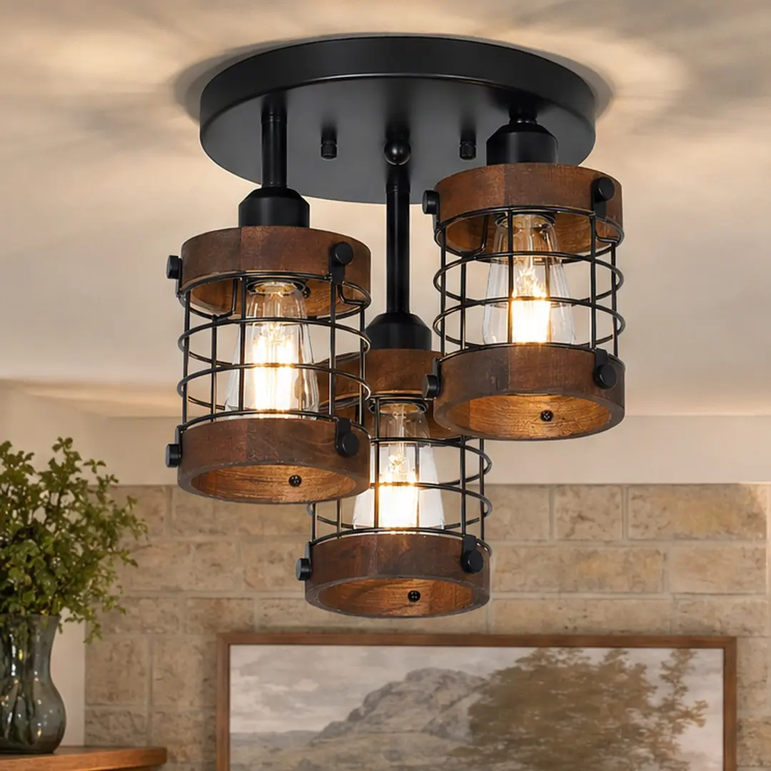 ARCH 3-Light Semi Flush Mount Ceiling Light, Farmhouse Metal Cage Chandelier Fixture, Black-Brown Finish, 9.8in Diameter, 12in Height, E26 Base, Dimmable for Hallway, Bedroom, Kitchen, Metal Material, Lights