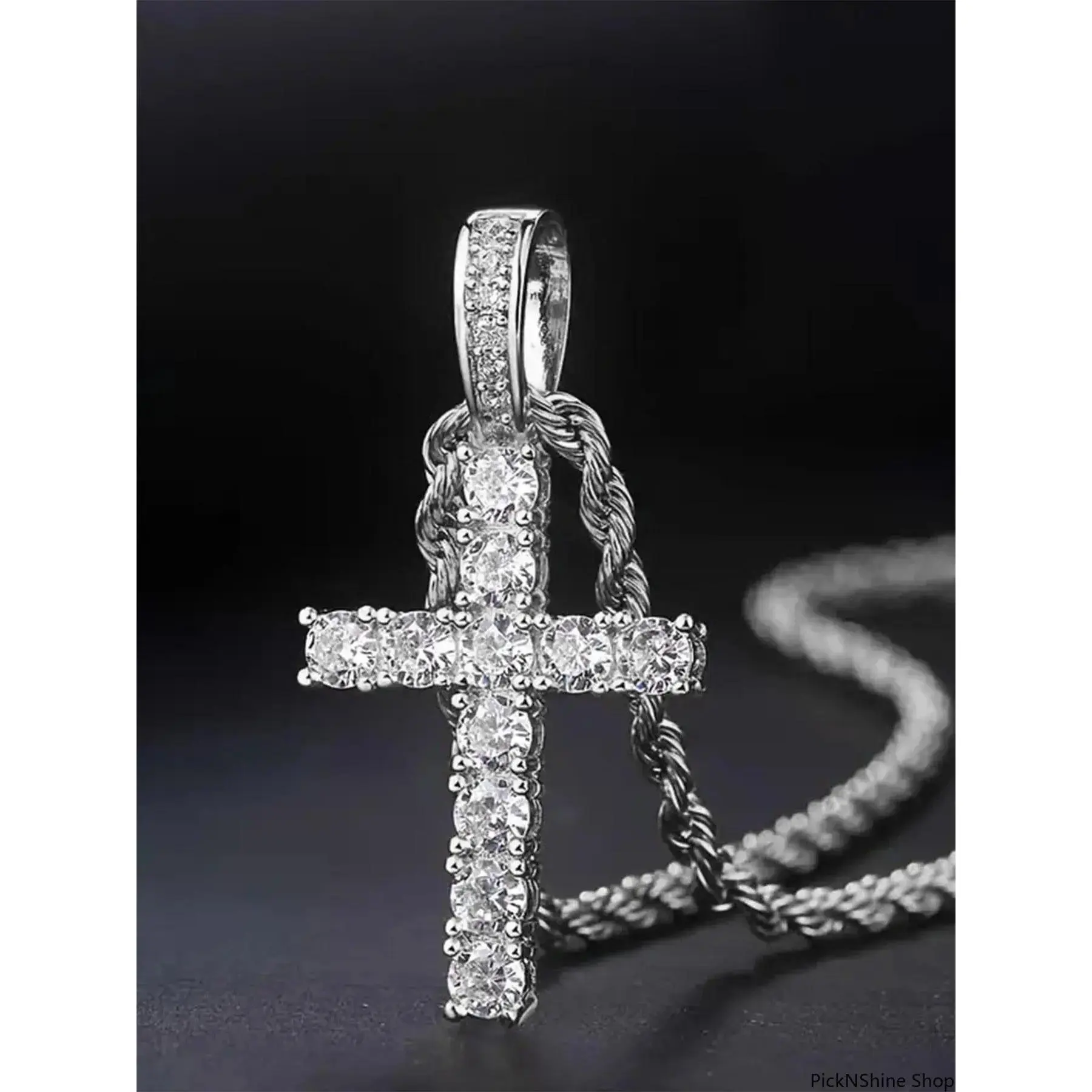 Women's Silver-Tone Iced Out Cross Pendant Necklace - Full Pave CZ Rhinestone Twisted Rope Chain, Bling Pendant, Classic Statement Necklace, Elegant Rhinestone Accent, Exquisite Chain Jewelry for Daily Wear & Gifting, Cross Chain Design