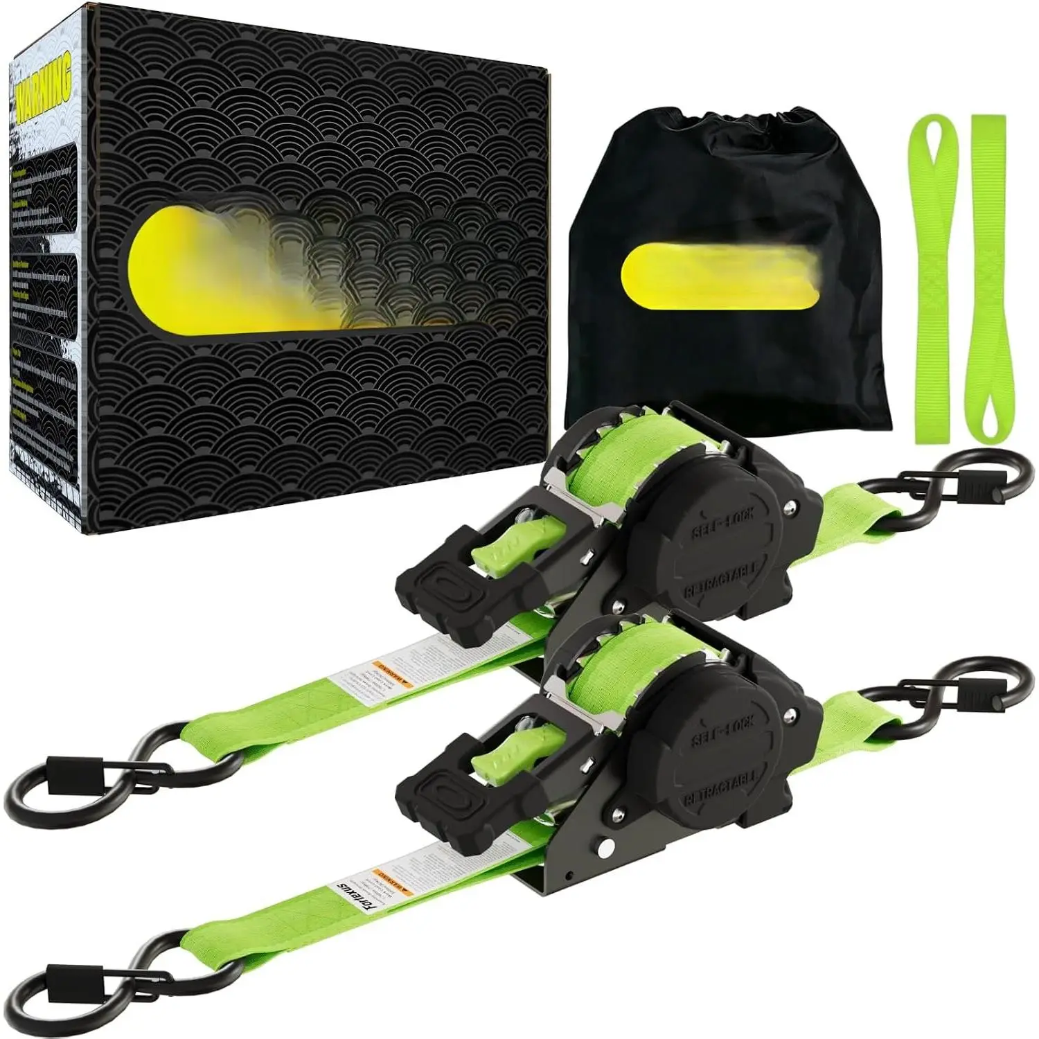 Polyester Auto-Retract Ratchet Straps, 1'' x 12' Self-Tightening Tie Downs with 1760lb Break Strength for Cargo Hauling, UTV, Kayak (Neon Green, 2 Pack)