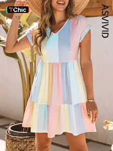Women's Colorblock Patchwork Ruffle Hem Tee Dress, Loose Casual V Neck Short Roll Up Sleeve , for Summer Ladies Everyday Wear