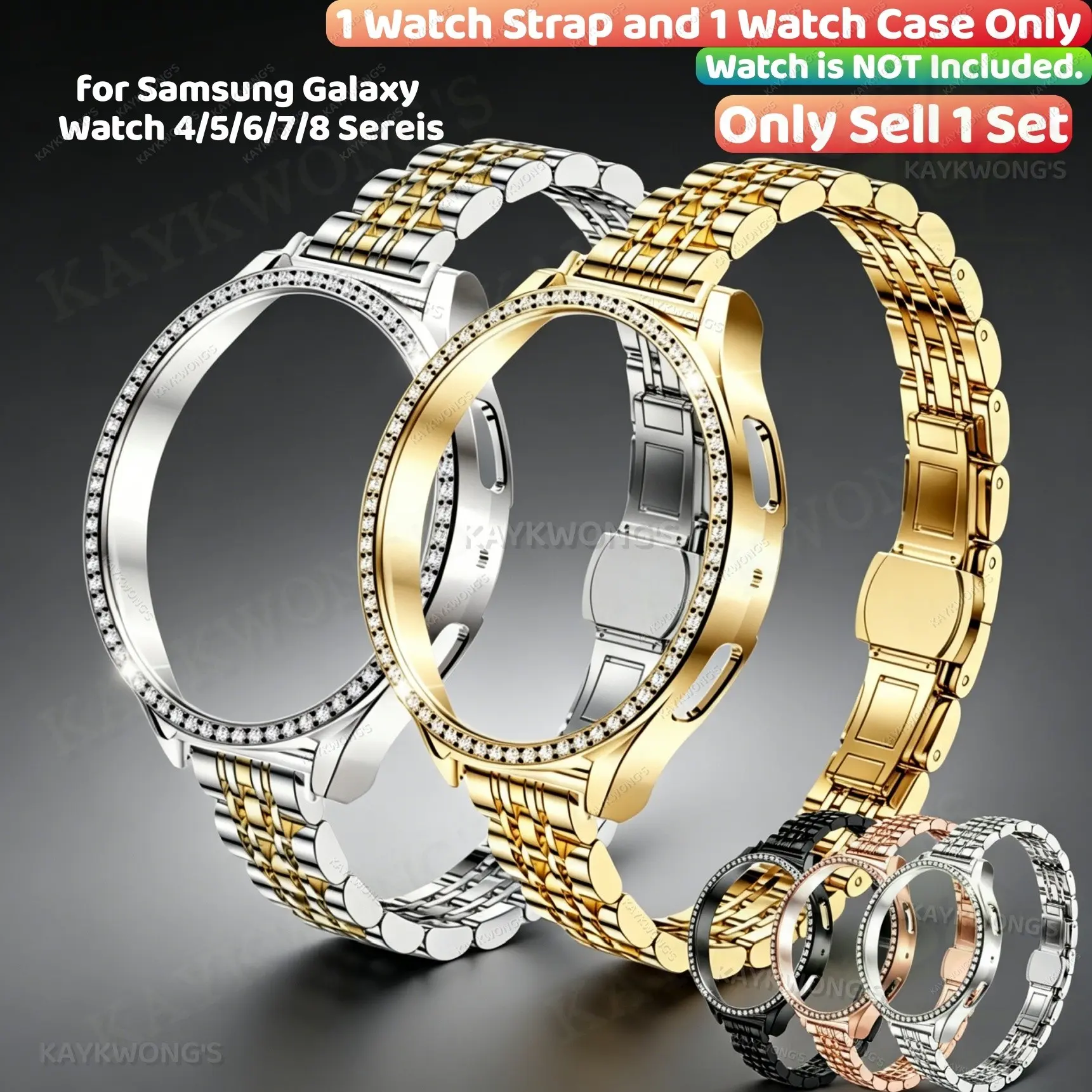 KAYKWONG'S Elegant Stainless Steel Metal Smartwatch Straps and Shiny Watch Case, Adjustable Classic Accessory for Samsung Galaxy Watch 4/5/6/7/8, 40mm & 44mm