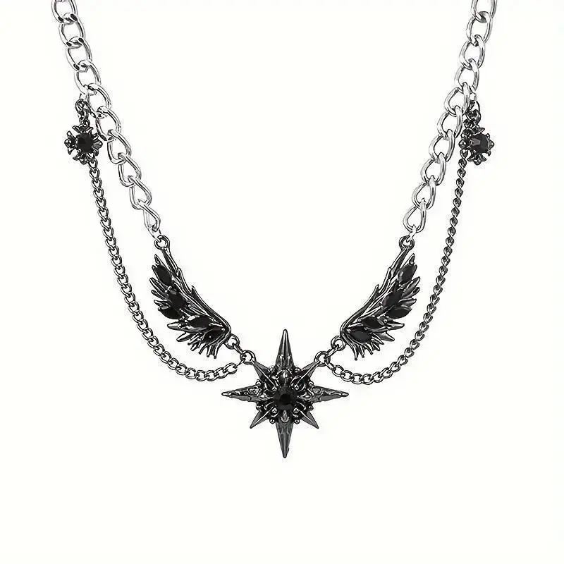 Layered Choker Necklace, Gothic Punk North Star Wing Pendant with Black Crystal, Cuban Link Chain for Men & Women, Funky Teen Boy Gift, Men's Accessories, Jewelry, Every Day, Glamorous, Anniversary, Wings Motif, Casual