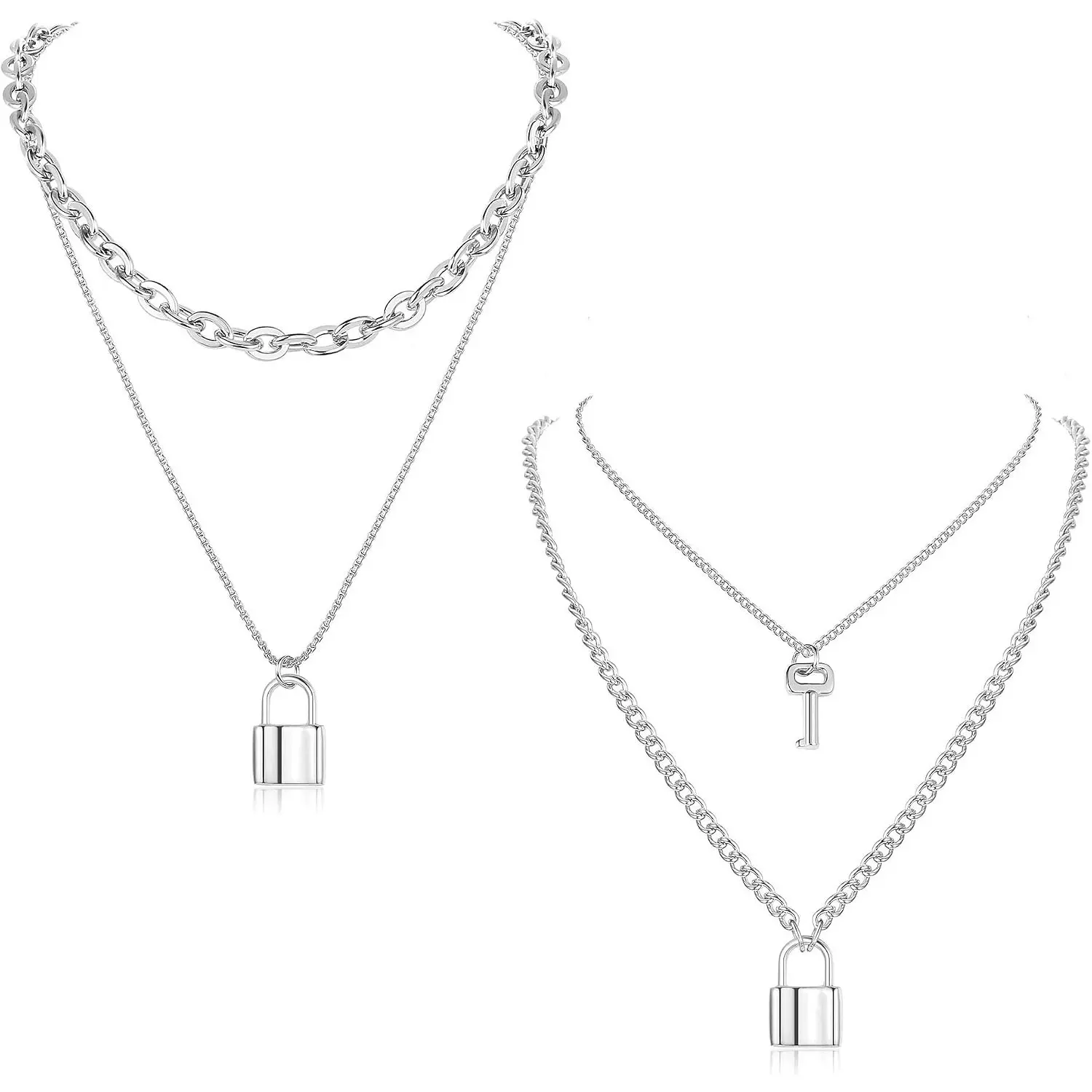 2 Pcs Gold Plated Chain Necklace for Women Men, Stainless Steel Couple Necklace with Key Lock Pendant, Punk Layered Necklace Set