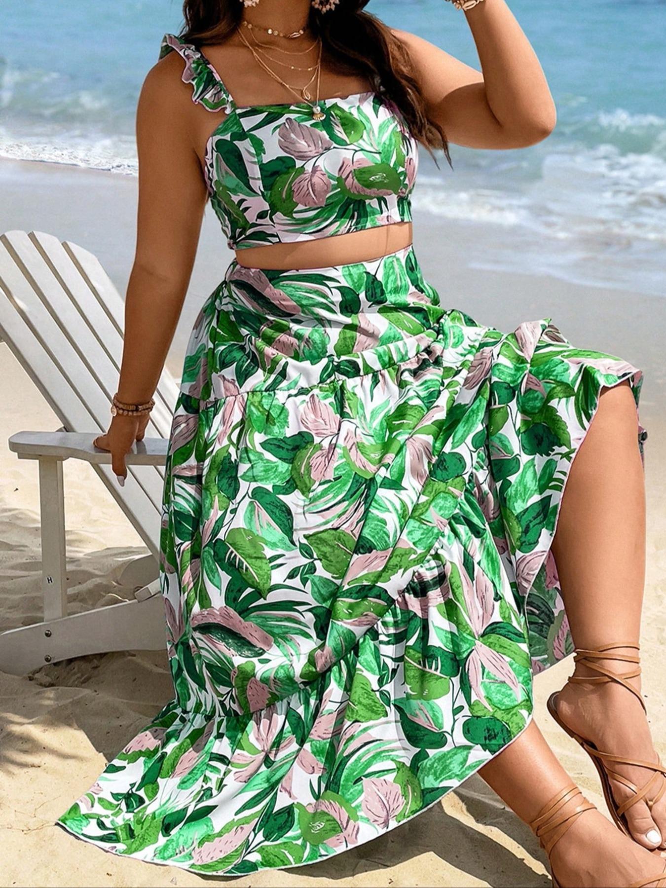 【Plus Size】 Leaf Print Crop Top & Skirt Set, Boho Bohemian Fashion Casual Two-piece Set for Beach Vacation Holiday, Women's Clothing for All Seasons