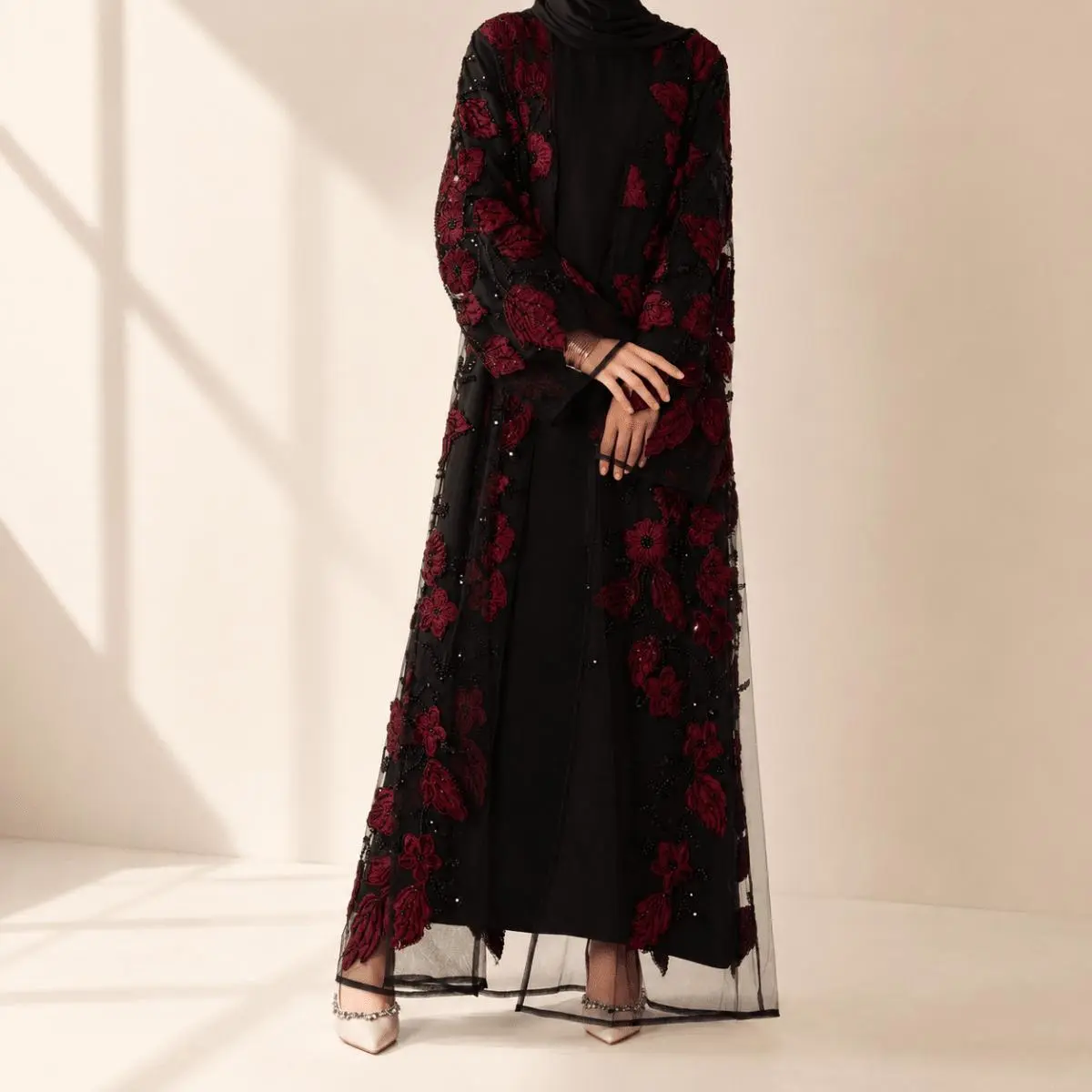 Women's Modest Open Front Abaya - 3D Floral Depth Sculpted Embroidery, Hand-Beaded Sequin Glow Sheer Mesh, Mesh Shimmer Move Couture-Inspired Outer Dress, for Weddings, Hijabi Fashion, Dry Clean Only, Avoid Direct Heat On Beads, Do Not Bleach, Modest Fash