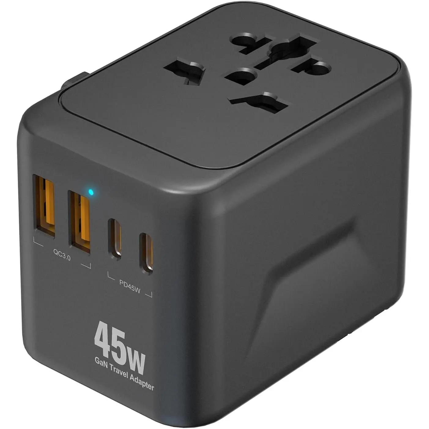 45W GaN Portable Electronic Charging Device - 5-Port International Travel Power Adapter with 2 USB-C PD 3.0, 2 USB-A QC 3.0 & AC Outlet for EU, UK, AU, Mobile Device Protection Compatible with Smartphones, Tablets
