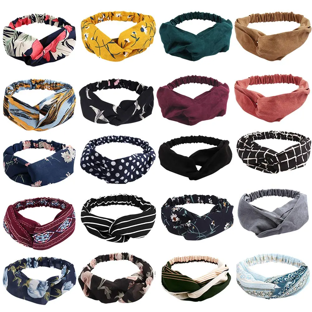 Boho Knotted Twisted Floral Headbands - 20 Pack Elastic Headband Hair Accessories for Women | Elastic Headband Fashion Twisted  Wrap Floral Bandeau Headbands