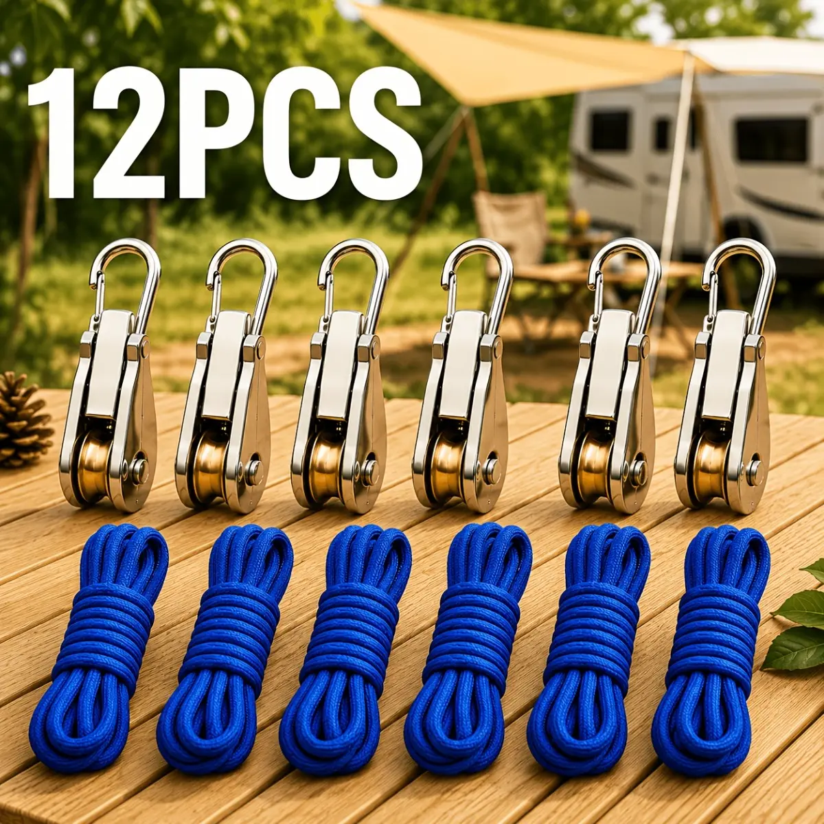 12PCS Adjustable Rope Tensioner Kit with Roller Tighteners, Locking Buckles, 6 Metal Hooks and 6 x 3M Nylon Ropes, 66.14LB Load Capacity, Ideal for Camping Tents, Tarps, Clotheslines, Outdoor Gear, Garden and Travel Use