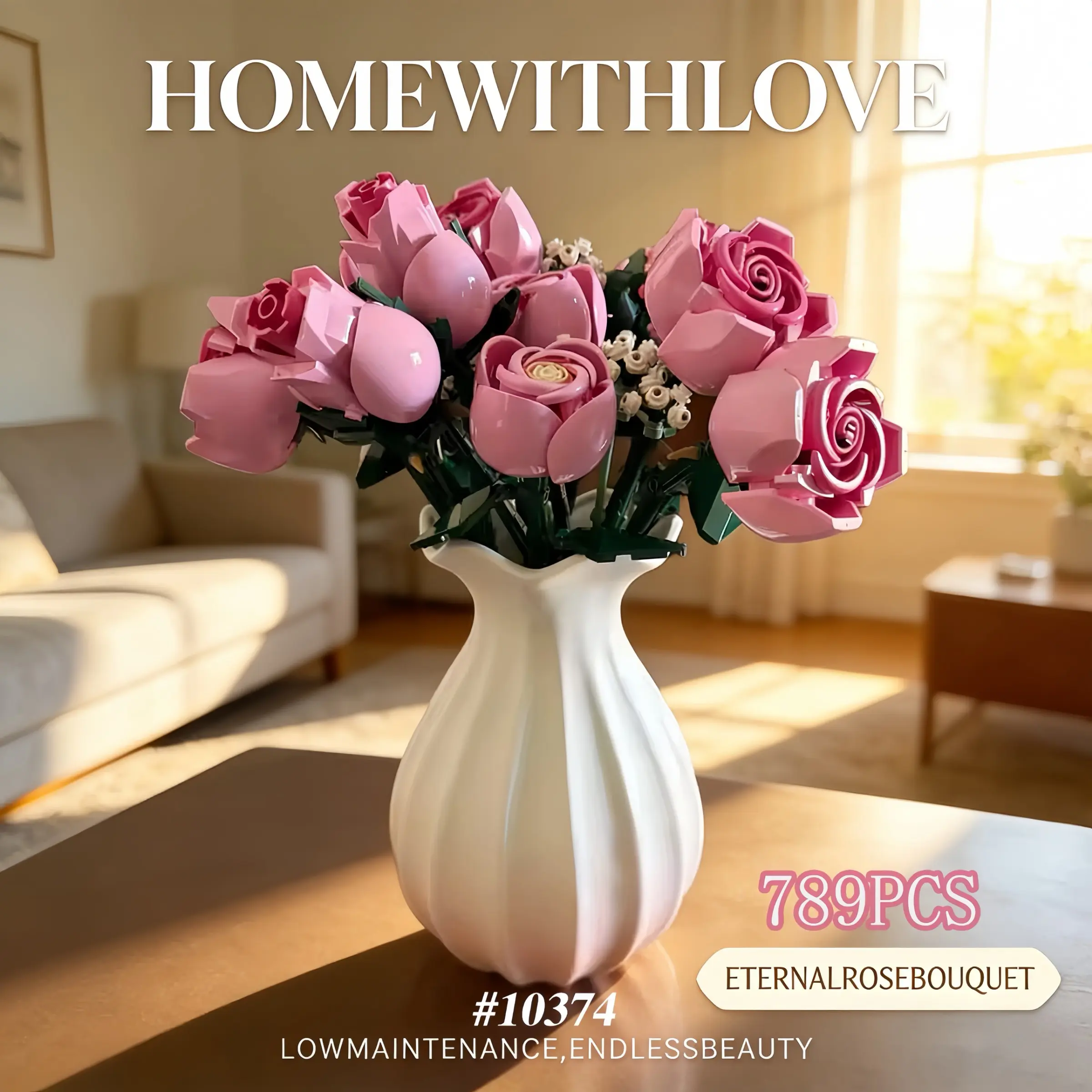 789psc Rose Bouquet Artificial Roses Building Set, 10374 Romantic Plant Home Desktop Decor Faux Flower Decor Diy Artificial Rose, Toy Ornament, Gift for Girls Boys Moms, Birthday Anniversary