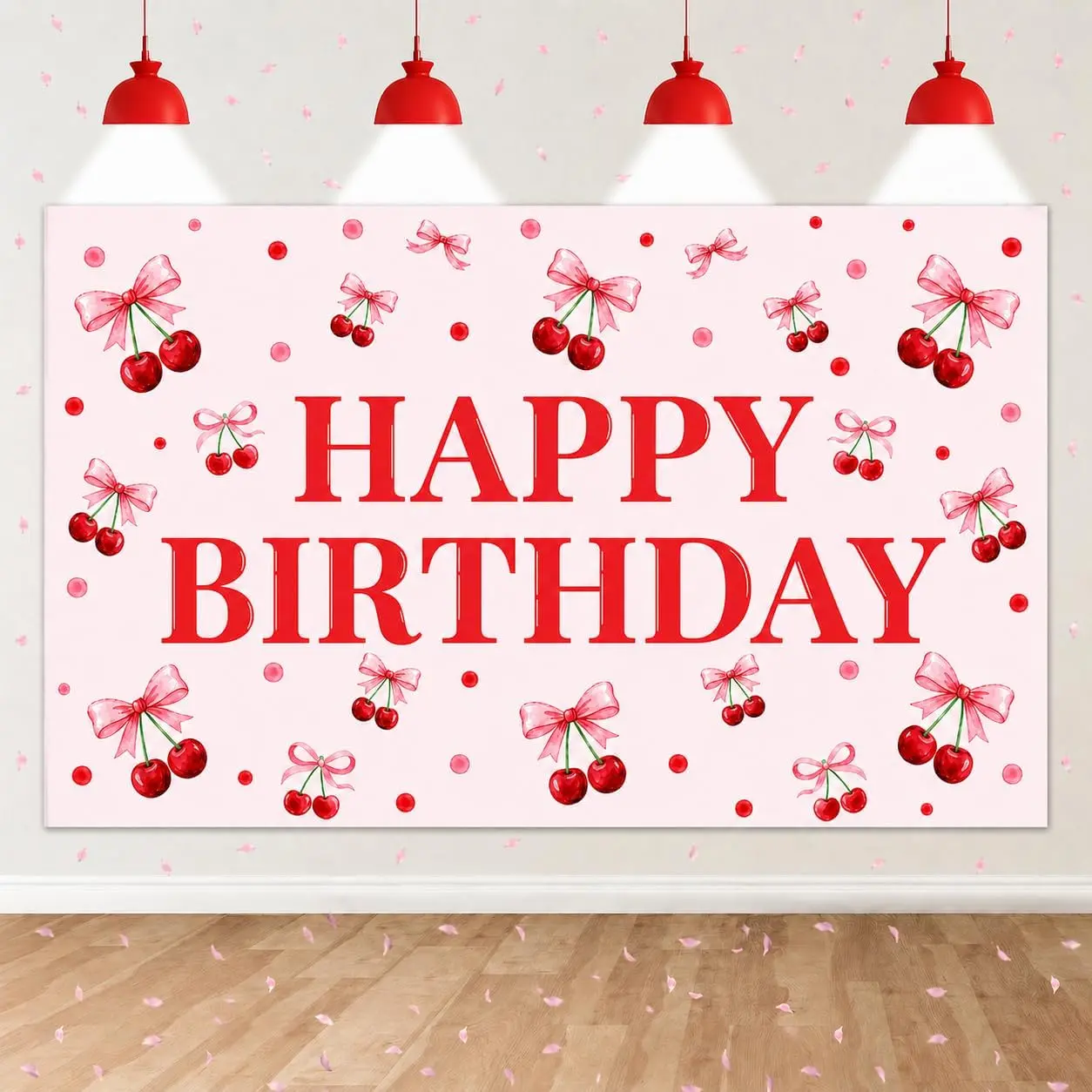 Cherry Bow Birthday Backdrop Banner,Cherry and Bows Happy Birthday Decorations for Girls Women Sweet Cherries Blossom Background Photo Party Decor