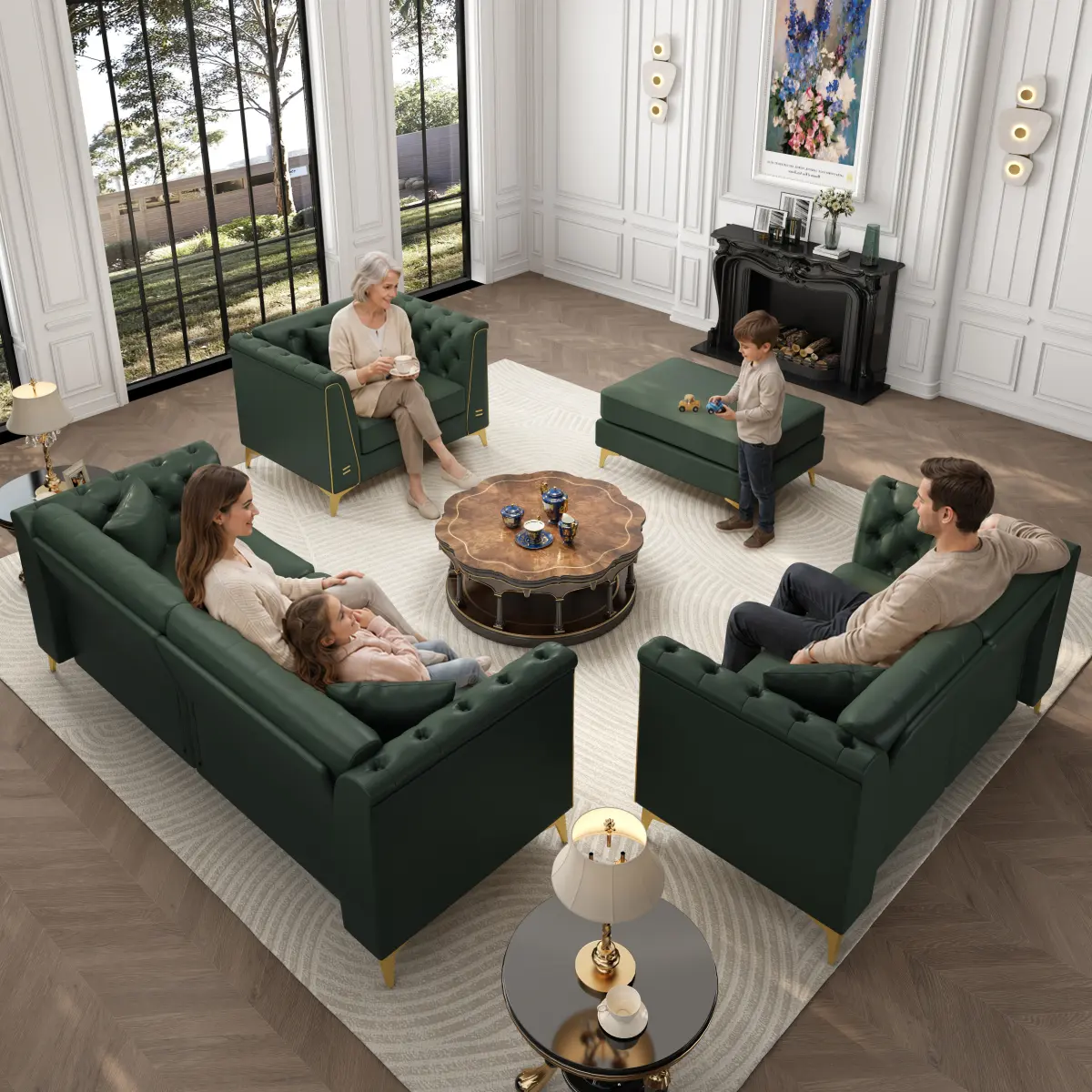 Light Luxury Mid-Century Modular Chesterfield Sofa - Faux Leather Couch with Handmade Button Tufted Detailing, Metal Trim Armrests, Thin Metal Legs, Ottoman Incl., 6 Pillows; Requires Assembly for Living Room, Apartment (Green)