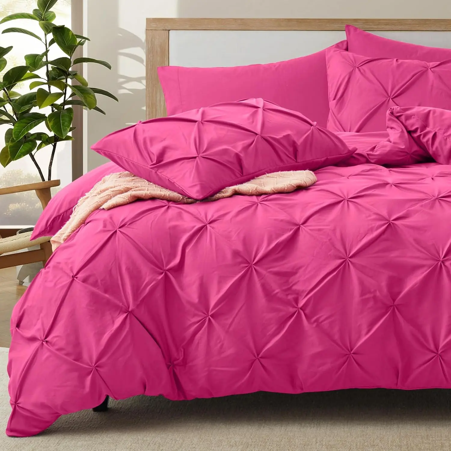 Shabby Chic Geometric 5-Piece Hot Pink Pintuck King Duvet Cover Set, Microfiber, Soft & Breathable, Zipper & Ties, 2 Pillow Shams, Wrinkle Resistant, Fade Resistant, Machine Washable, Five Pieces