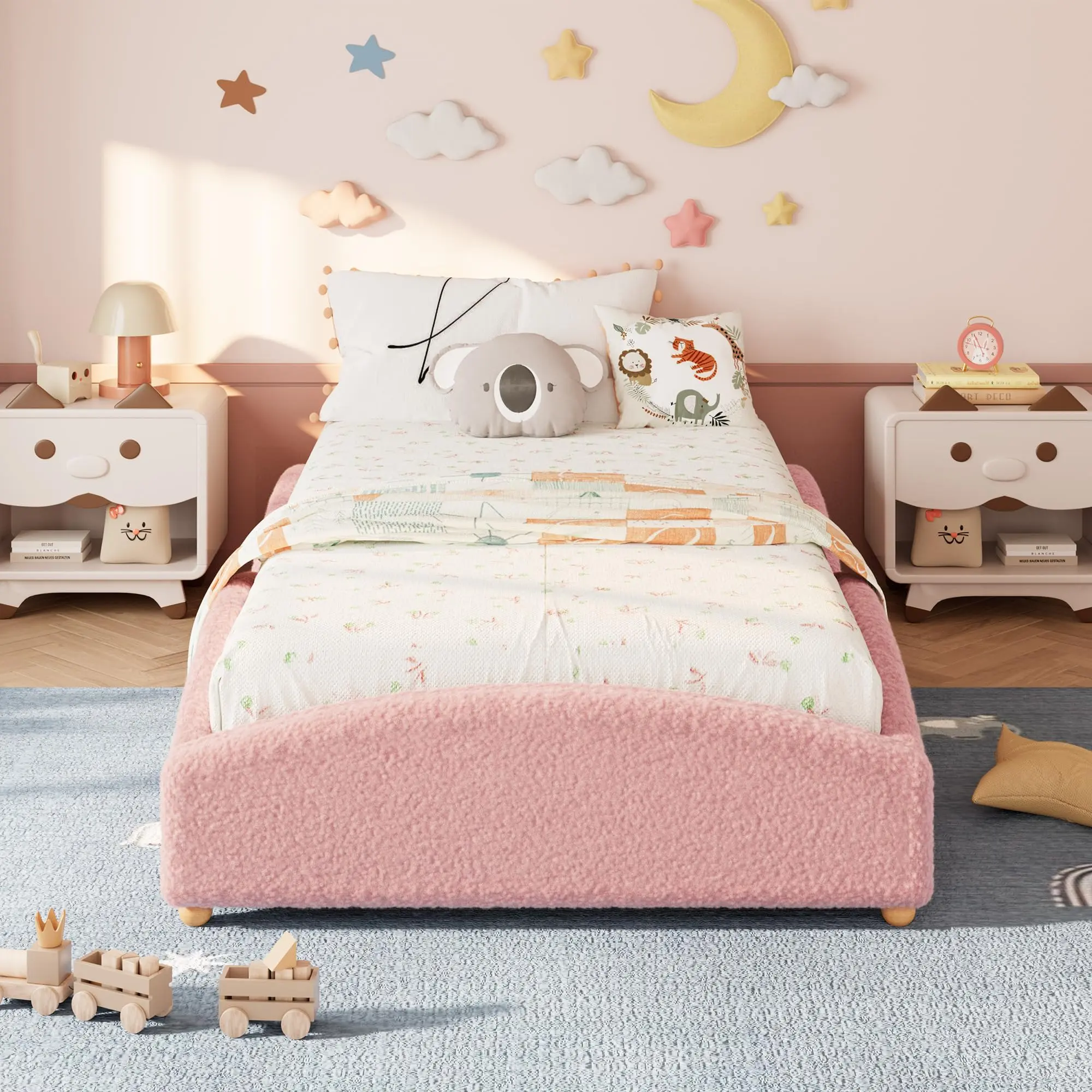 Educational Cloud Design Kids Floor Bed – Soft Soft Fleece Upholstered Frame with Raised Sides – Low Profile Daybed – Light Grey or Pink, Twin & Twin XL