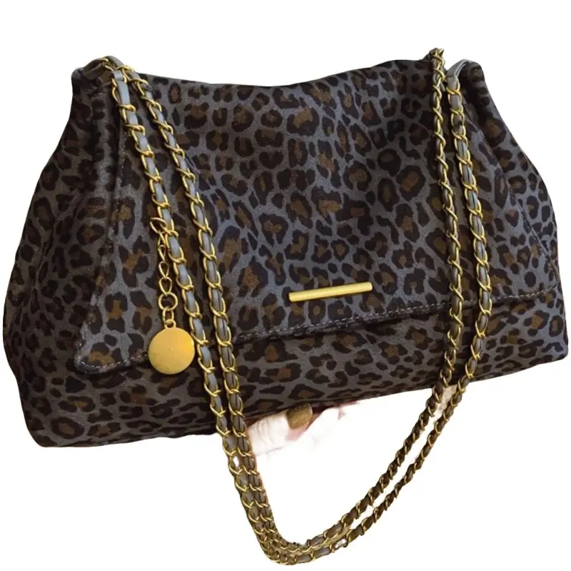 Women's Funky Leopard Print Faux Suede Satchel Tote Bag - Chain Strap, Cosmetic Pouch, Large Capacity Romantic Everyday Bag for Daily Commute & Anniversary Gifting