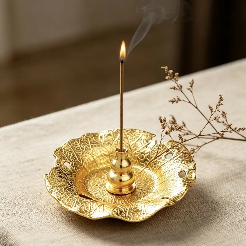 Two-piece set of hand-patterned base plate and gourd censer, decorative censer. Craft ornament linear incense holder censer