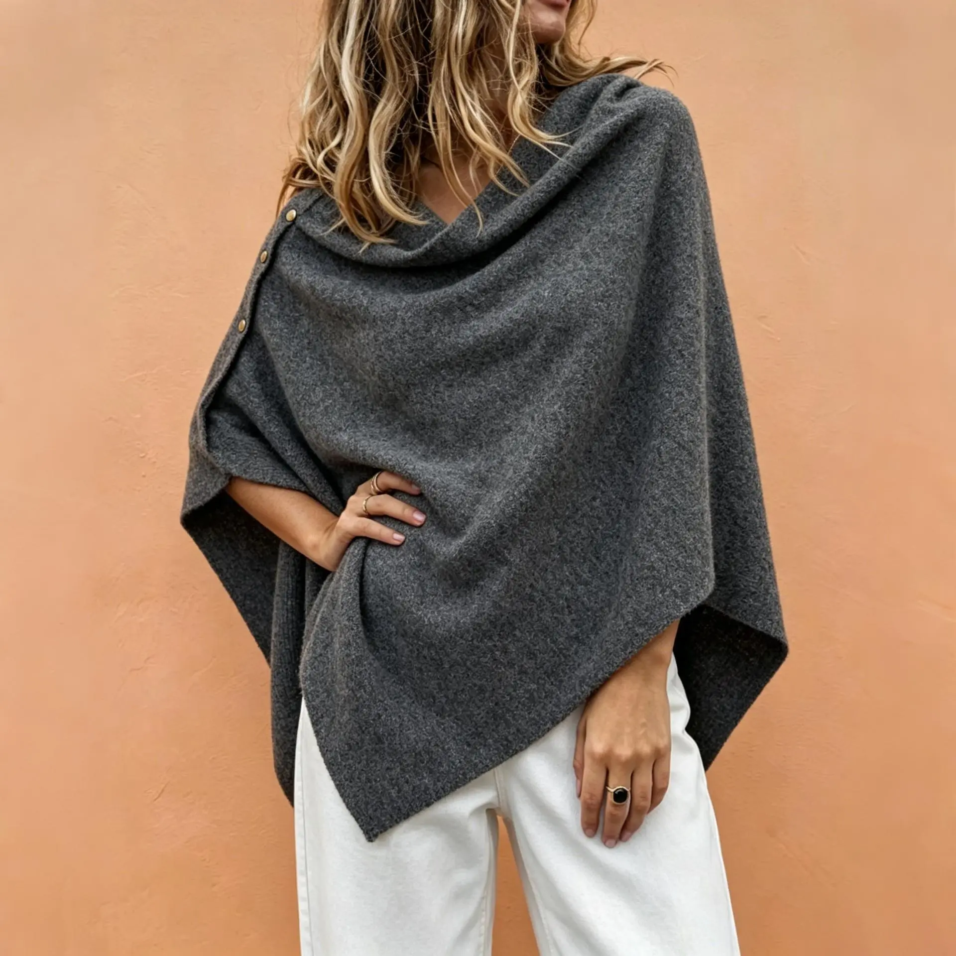 2026 New Autumn Buttoned Knit Cape, Knitted Fabric Layering Piece, Multiple Solid Colors Fashion Scarf & Shawl Accessory, Buttoned Cape